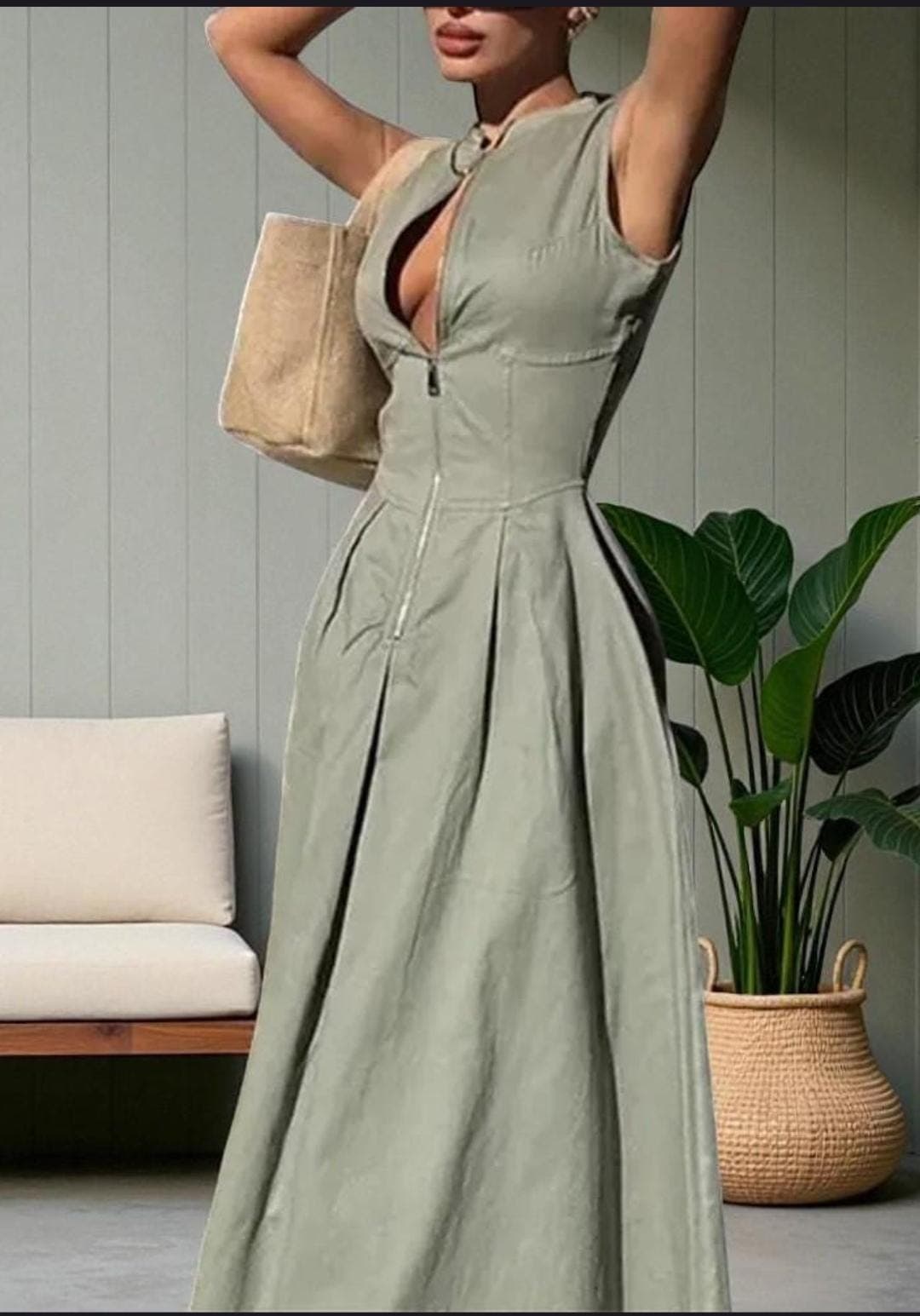 Olive Green Sleeveless Jumpsuit, Wide Leg, Deep V Neck, Minimal Style Outfit - image 3