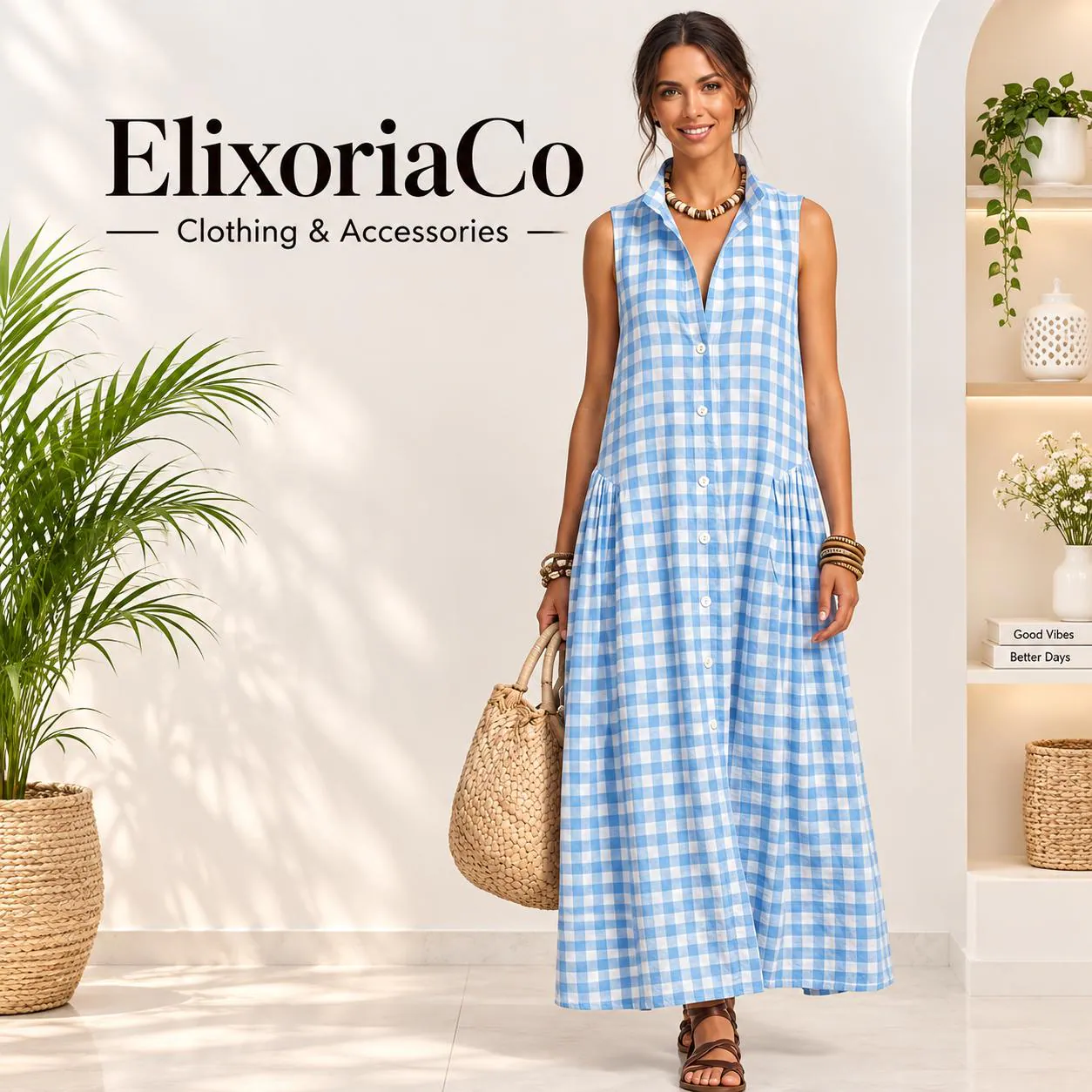 Gingham Check Maxi Dress, Sleeveless Button Down Shirt Dress, Tiered Plaid Summer, Boho Style Women - image 5