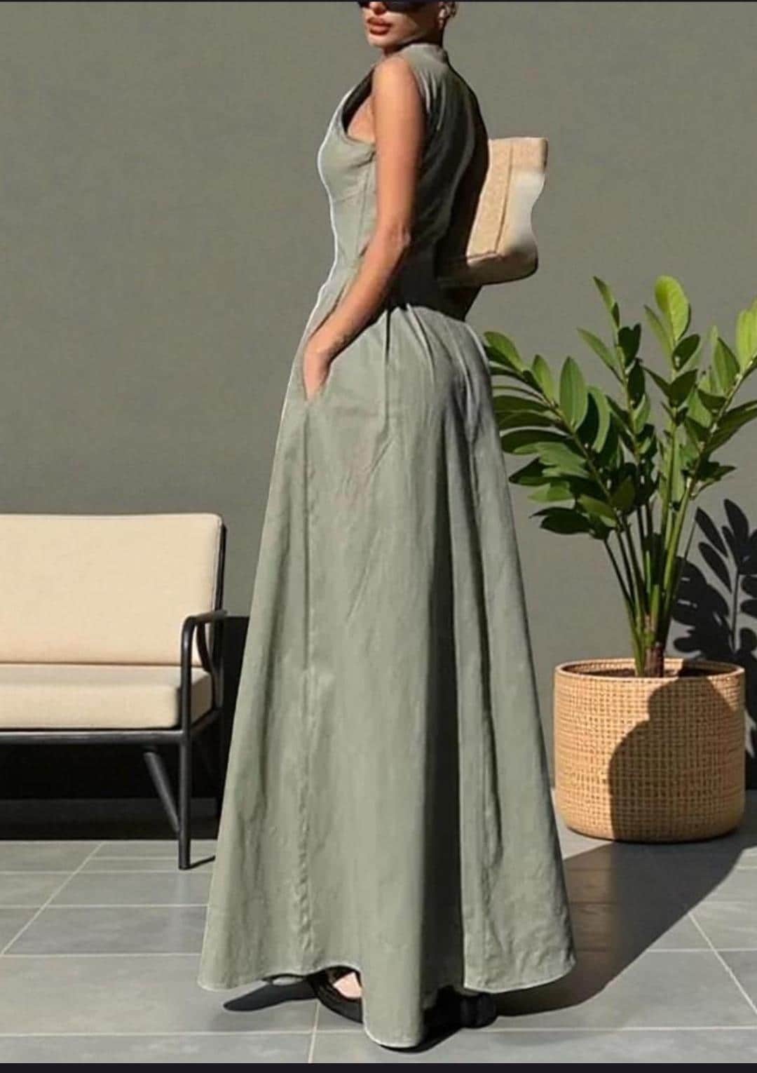 Olive Green Sleeveless Jumpsuit, Wide Leg, Deep V Neck, Minimal Style Outfit - image 4