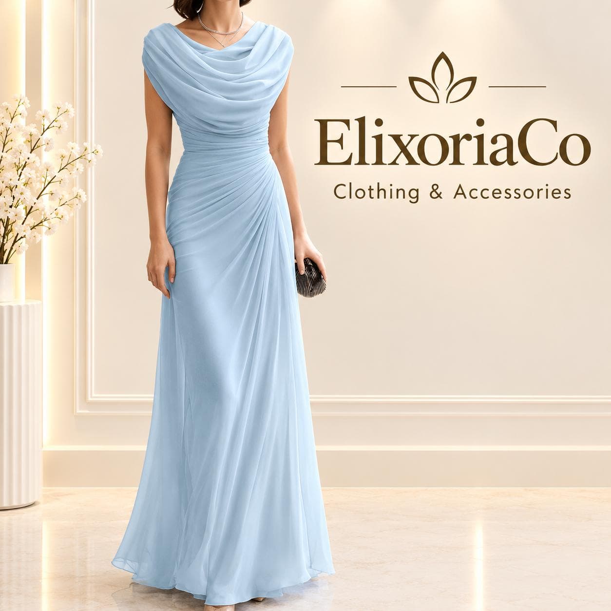 Cowl Neck Chiffon Maxi Dress, Ruched Waist Evening Gown, Mother of the Bride Formal Dress - image 5