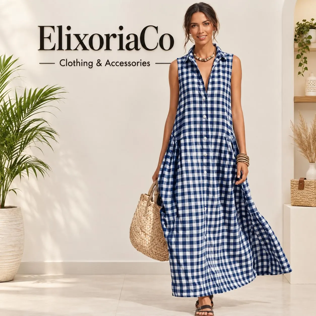 Gingham Check Maxi Dress, Sleeveless Button Down Shirt Dress, Tiered Plaid Summer, Boho Style Women