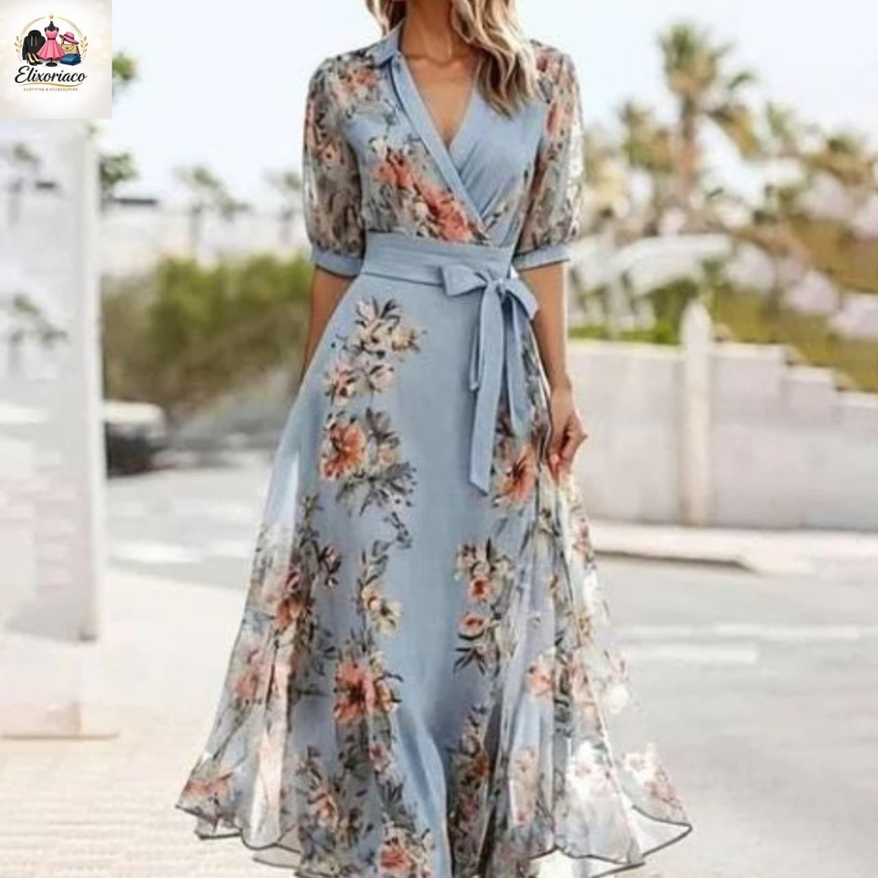 Blue Floral Wrap Maxi Dress, Elegant Boho Summer Wedding Guest Outfit - image 3