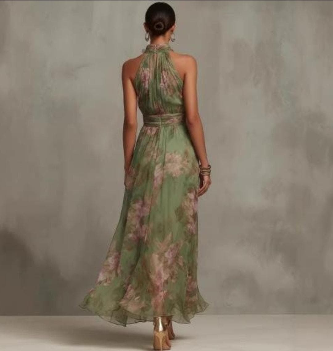 Floral Mesh Maxi Dress, Green Halter Neck Dress, Flowing Summer Dress, Elegant High Waist Evening Dress, Garden Party Outfit - image 5