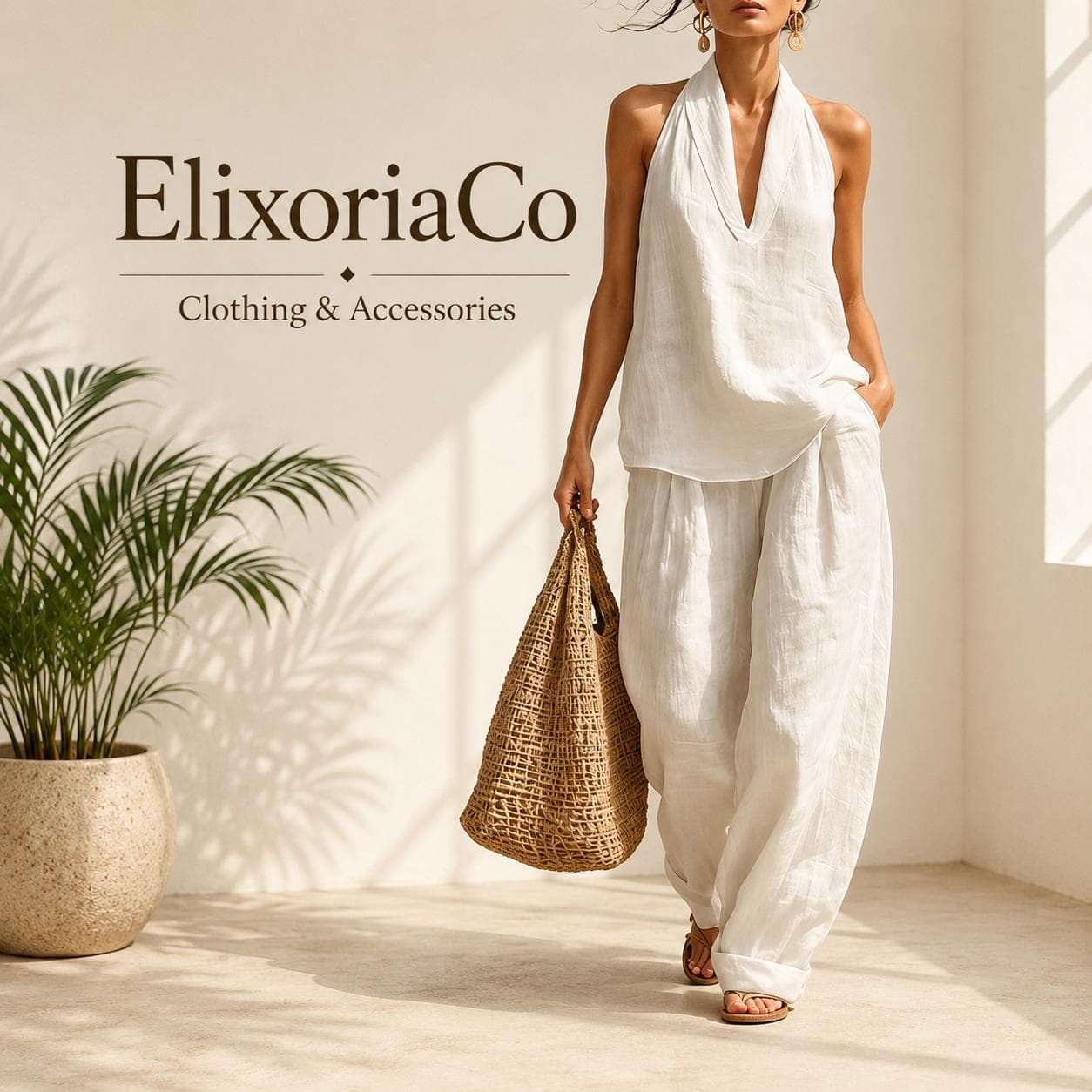 Boho Summer Two-Piece Set, Polyester Halter Top, Wide Leg Palazzo Pants - image 3