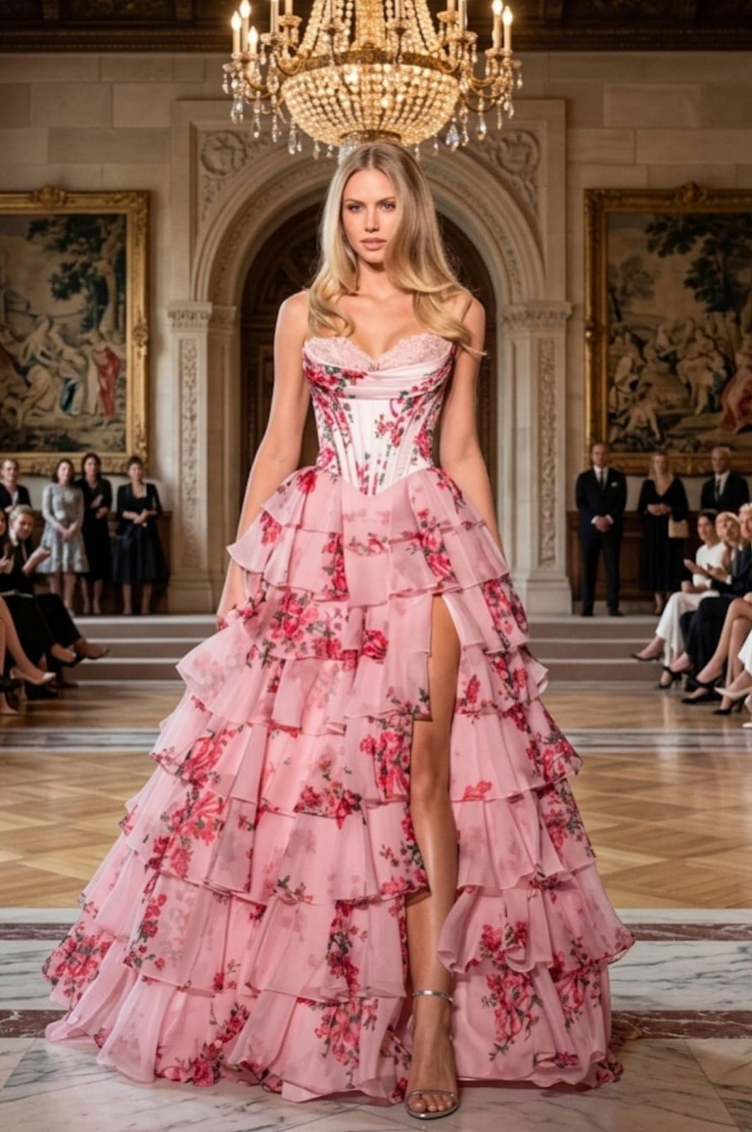 Blue Floral Corset Gown, Strapless Sweetheart Tiered Ruffle Ball Prom Dress - image 2