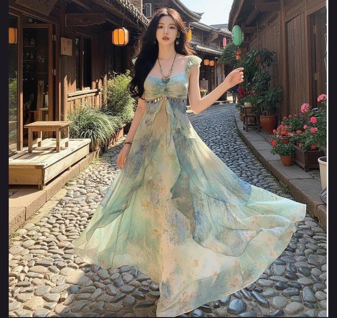 Green Boho Maxi Dress, Ruffle Strap Summer Beach Vacation Outfit - image 3