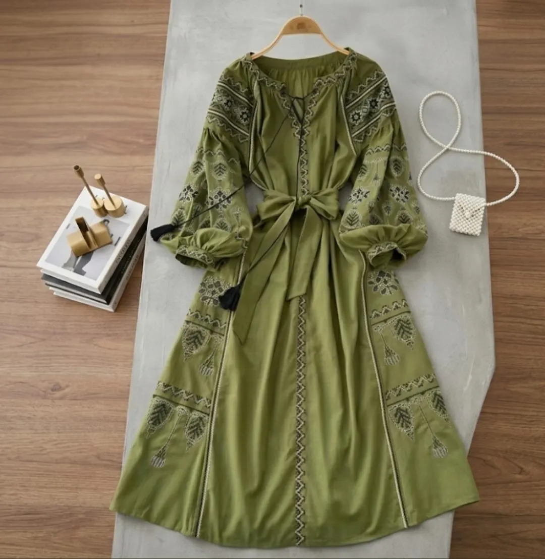 Embroidered Boho Maxi Dress, Cross-Stitch Linen Peasant Dress, Puff Sleeve Folk Style