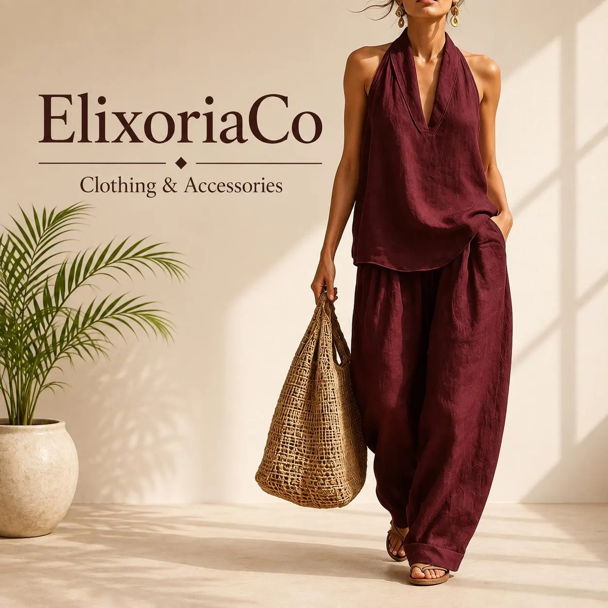 Boho Summer Two-Piece Set, Polyester Halter Top, Wide Leg Palazzo Pants - image 2