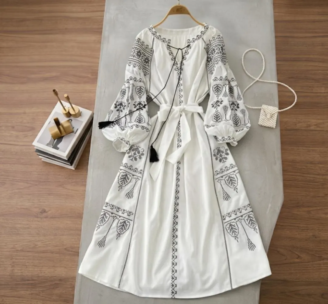 Embroidered Boho Maxi Dress, Cross-Stitch Linen Peasant Dress, Puff Sleeve Folk Style - image 4