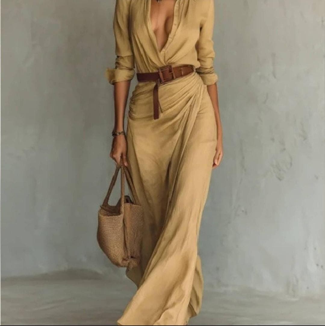 Navy Blue Maxi Dress, Deep V Neck Long Sleeve, Elegant Flowy Evening Wear - image 5