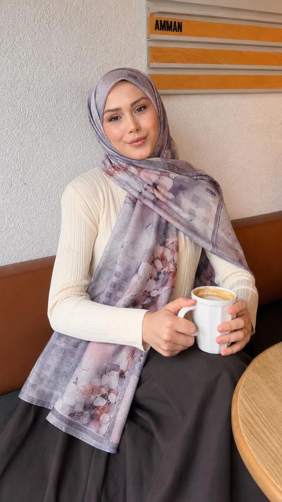 Floral Geometric Chiffon Hijab Scarf, Soft Pink Gray Lightweight Headscarf
