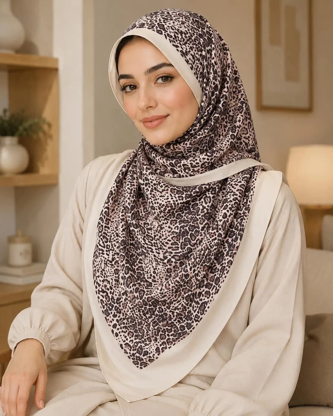Cream Leopard Print Chiffon Hijab, Animal Print Modest Scarf, Lightweight Soft Headscarf for Women - image 3