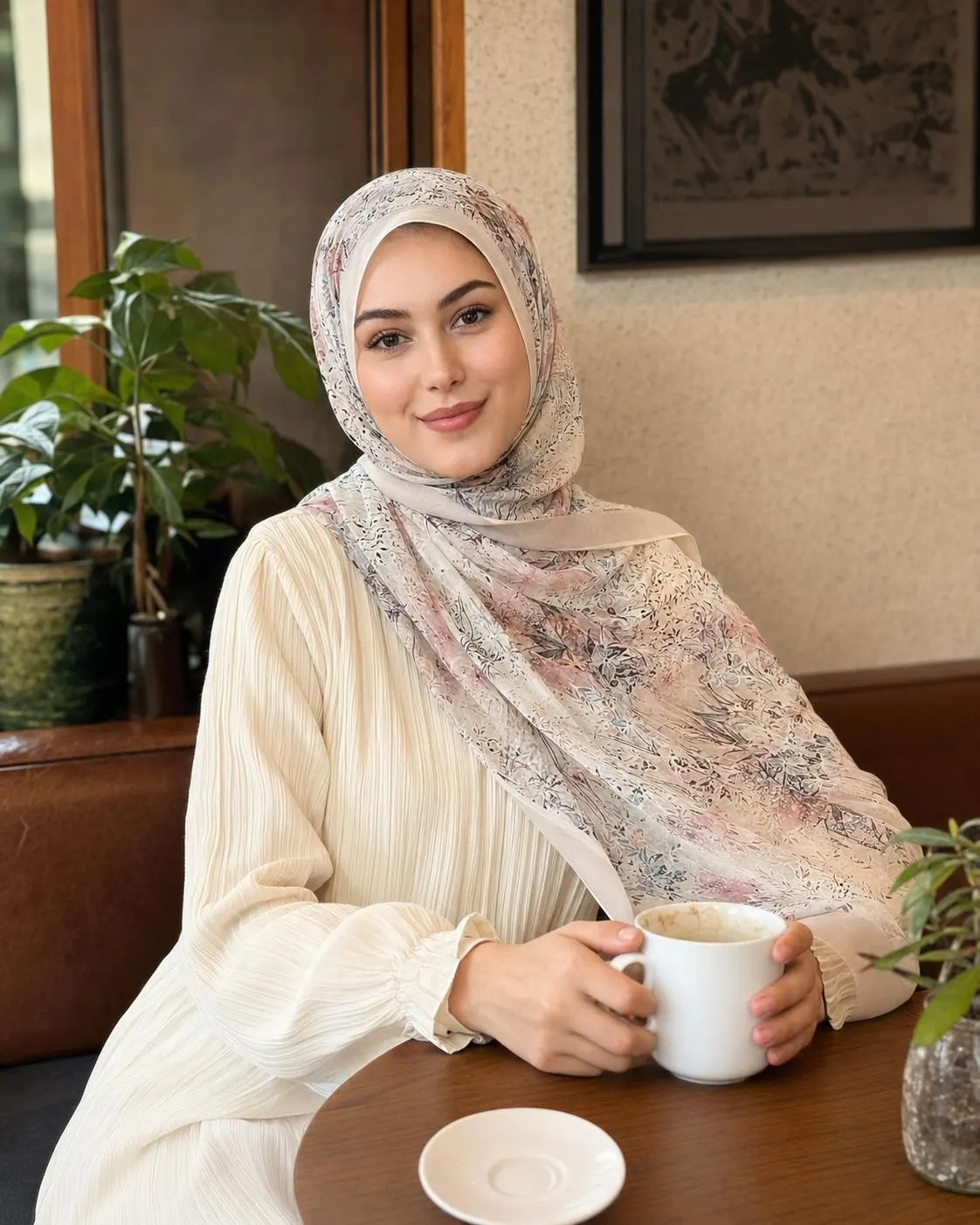 Cream Abstract Floral Chiffon Hijab, Pastel Botanical Modest Scarf, Lightweight Soft Headscarf
