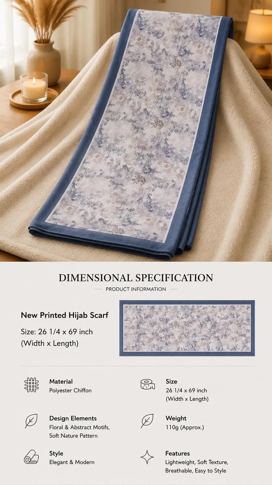 Blue Floral Chiffon Hijab, Lightweight Soft Polyester Scarf, Elegant Modest Headscarf - image 2