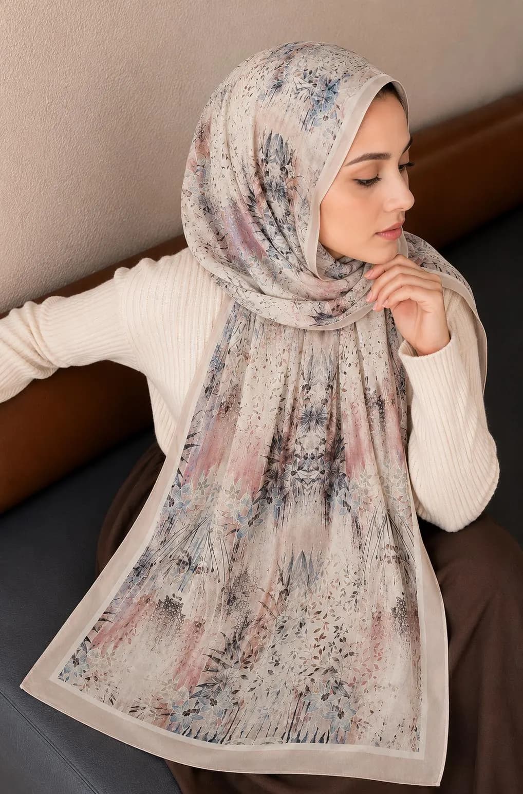 Cream Abstract Floral Chiffon Hijab, Pastel Botanical Modest Scarf, Lightweight Soft Headscarf - image 4