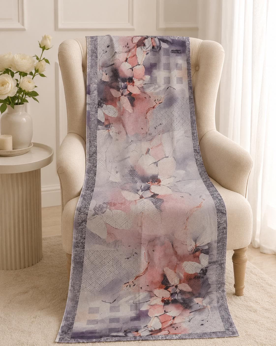 Floral Geometric Chiffon Hijab Scarf, Soft Pink Gray Lightweight Headscarf - image 5
