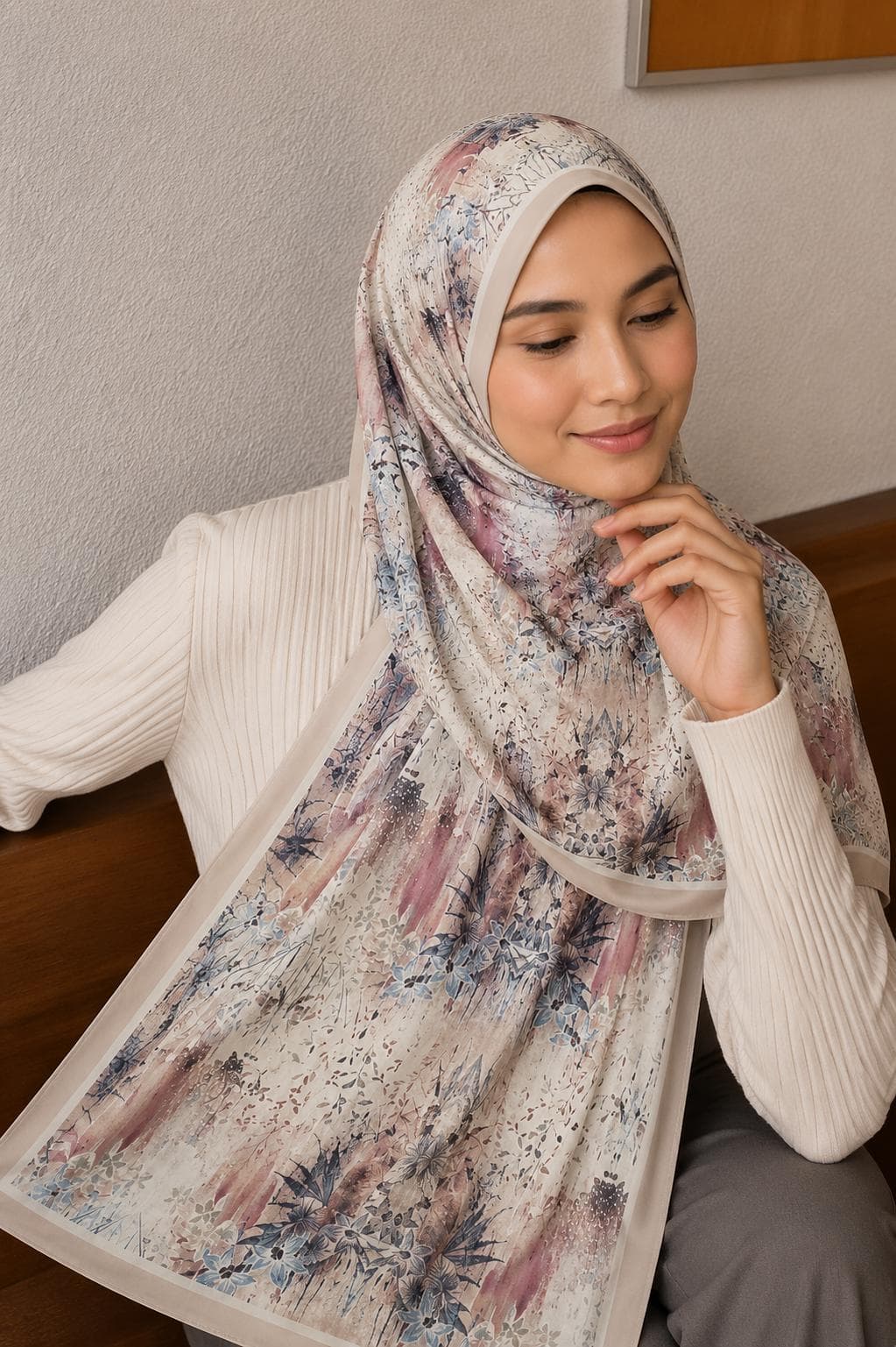 Cream Abstract Floral Chiffon Hijab, Pastel Botanical Modest Scarf, Lightweight Soft Headscarf - image 3