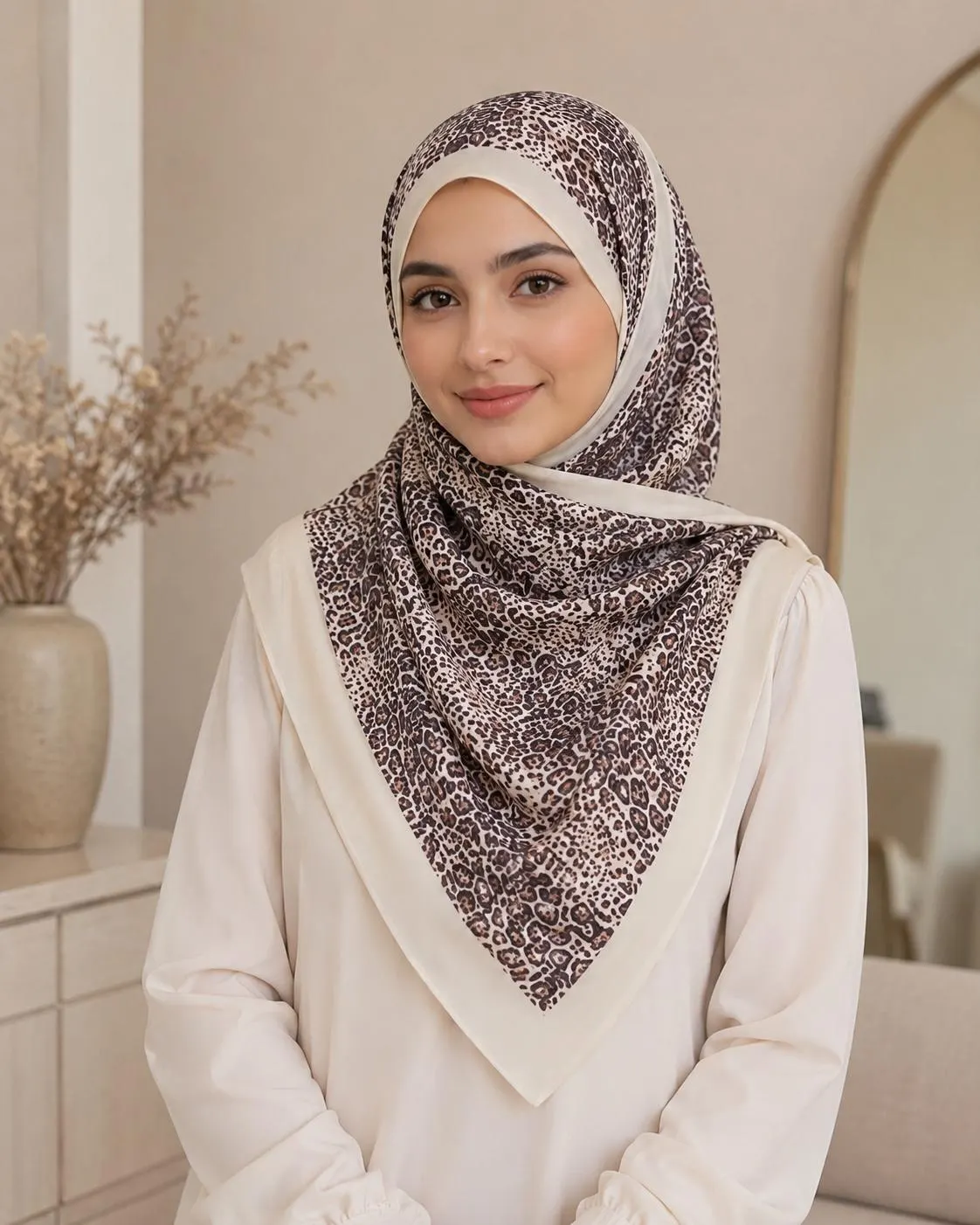 Cream Leopard Print Chiffon Hijab, Animal Print Modest Scarf, Lightweight Soft Headscarf for Women