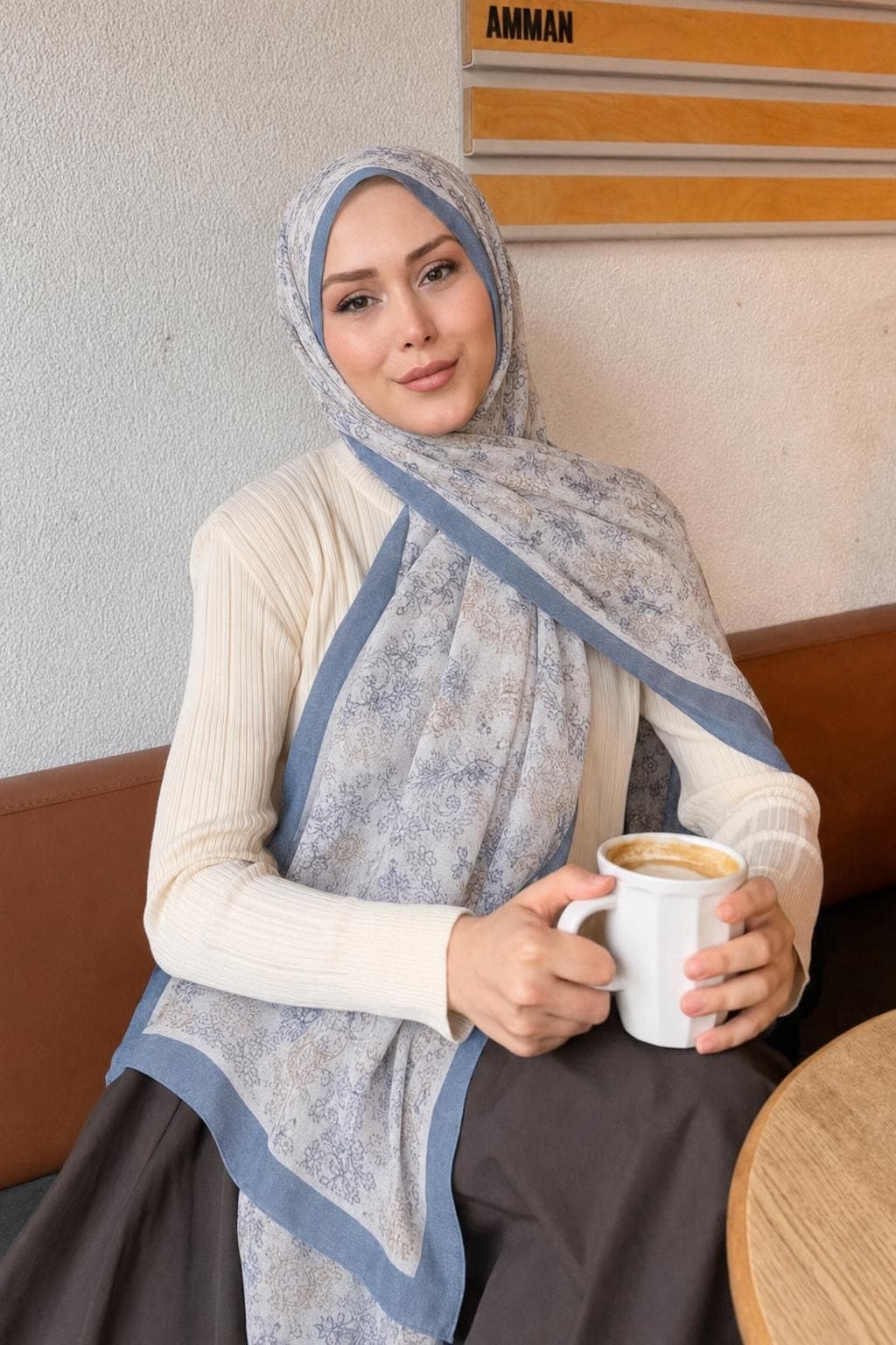 Blue Floral Chiffon Hijab, Lightweight Soft Polyester Scarf, Elegant Modest Headscarf