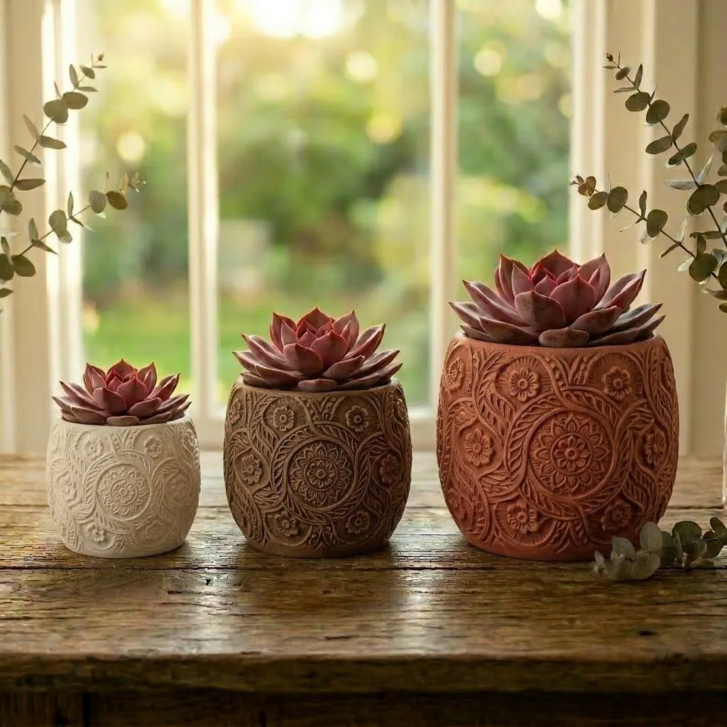 3D Printed Mandala Floral Planter Pot, Bohemian Carved Succulent Cactus Home Decor
