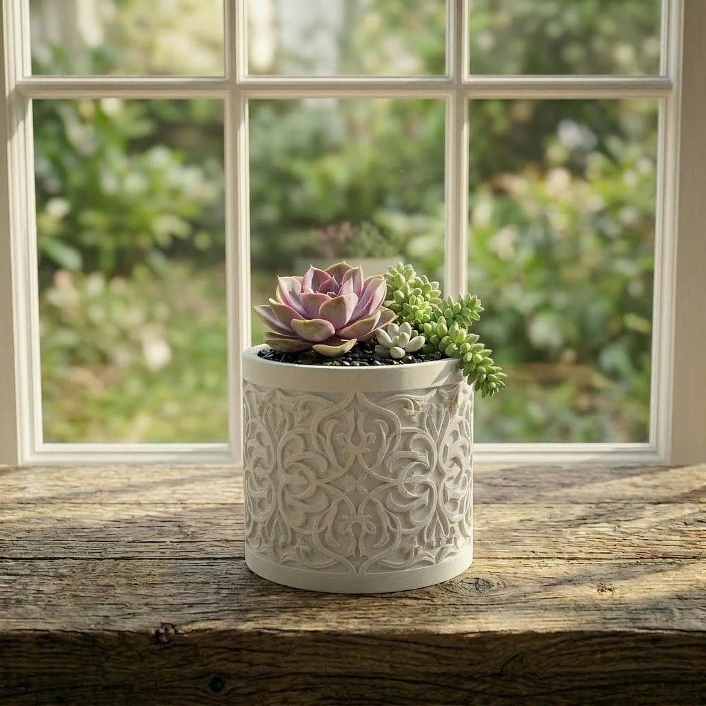 Arabesque Succulent Planter – Islamic Scroll Pattern Embossed 3D Printed Pot, Boho Gift Decor - image 5