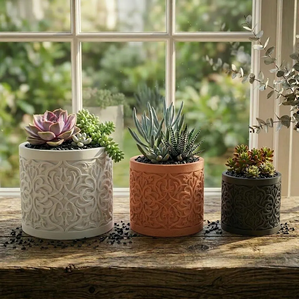 Arabesque Succulent Planter – Islamic Scroll Pattern Embossed 3D Printed Pot, Boho Gift Decor