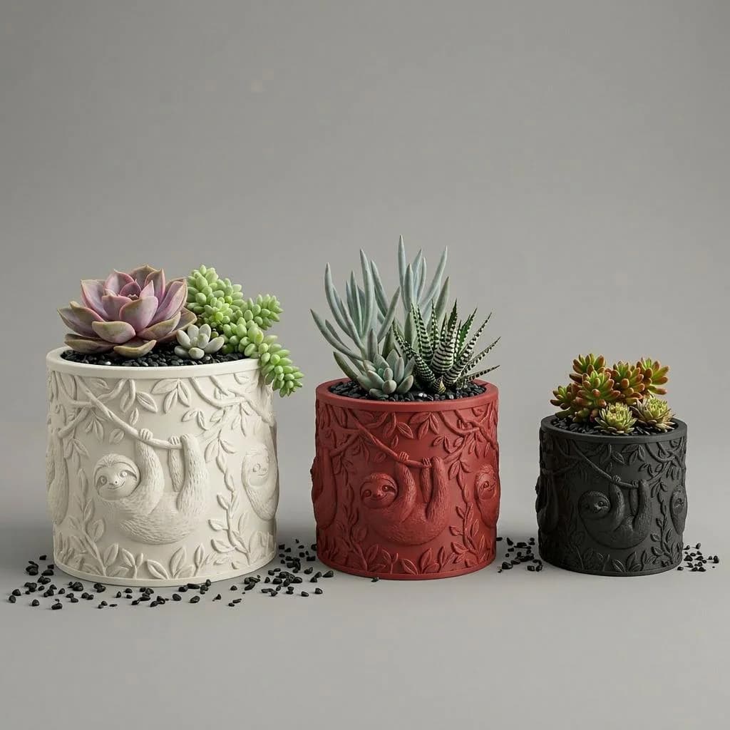 Sloth Succulent Planter – Embossed Jungle Animal 3D Printed Pot, Sloth Lover Gift