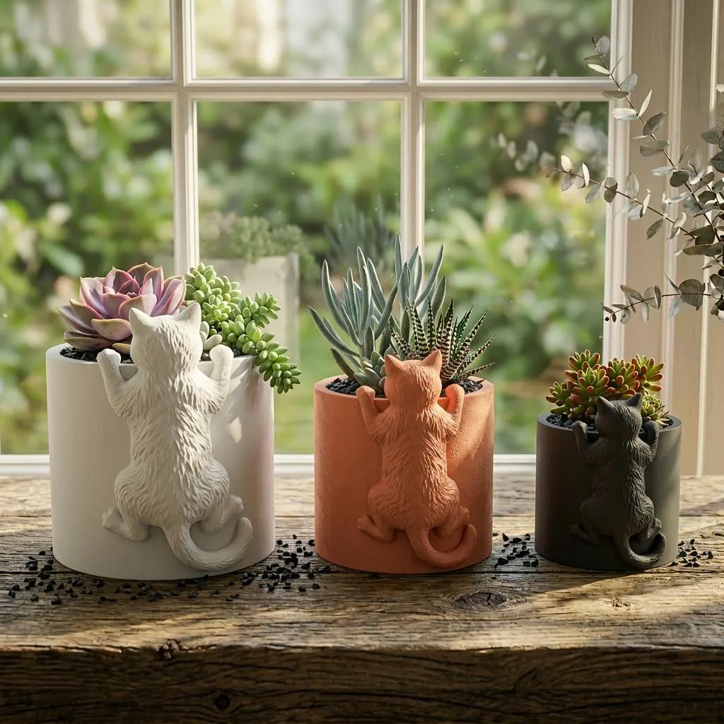 3D Printed Climbing Cat Planter – Succulent Pot, Kitten Lover Gift, 34 Colors, 5 Sizes