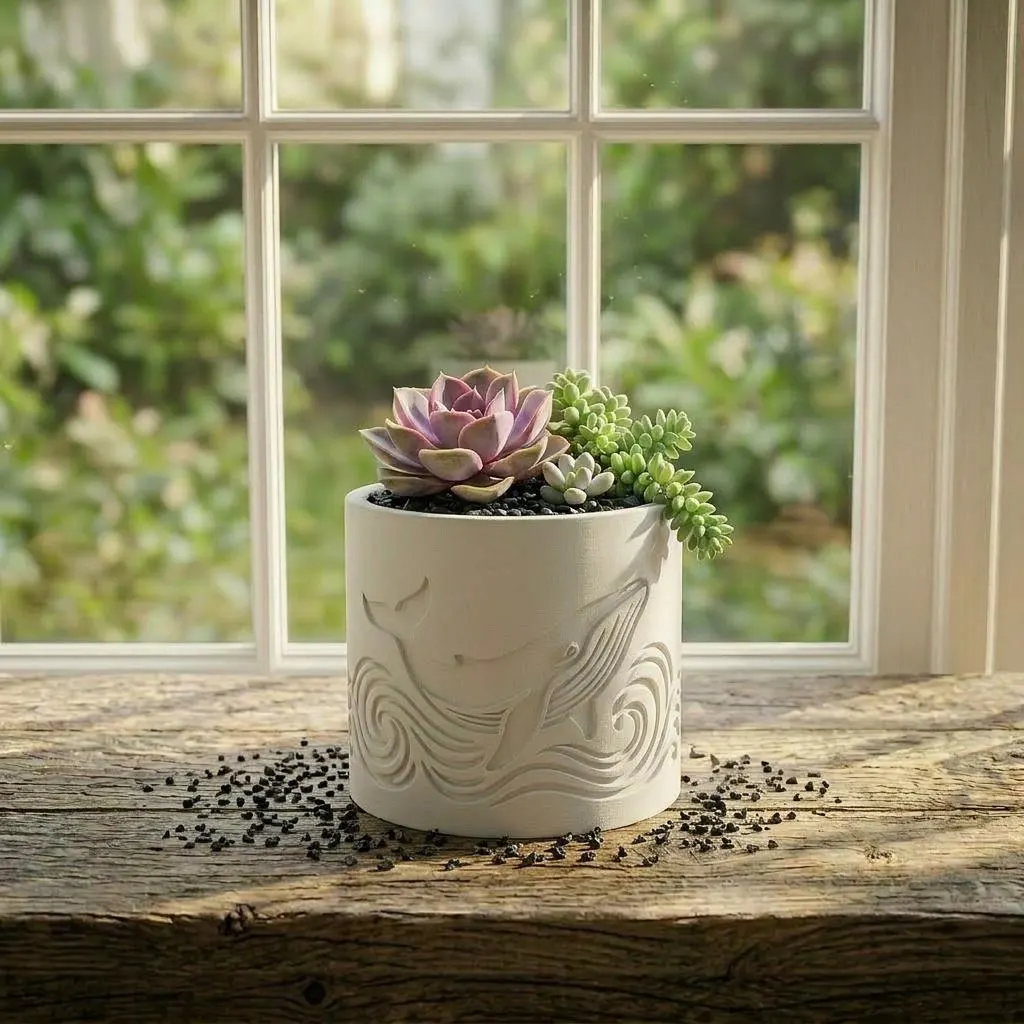 Whale Succulent Planter – Ocean Wave Embossed 3D Printed Pot, Sea Lover Gift, Coastal Decor - image 5
