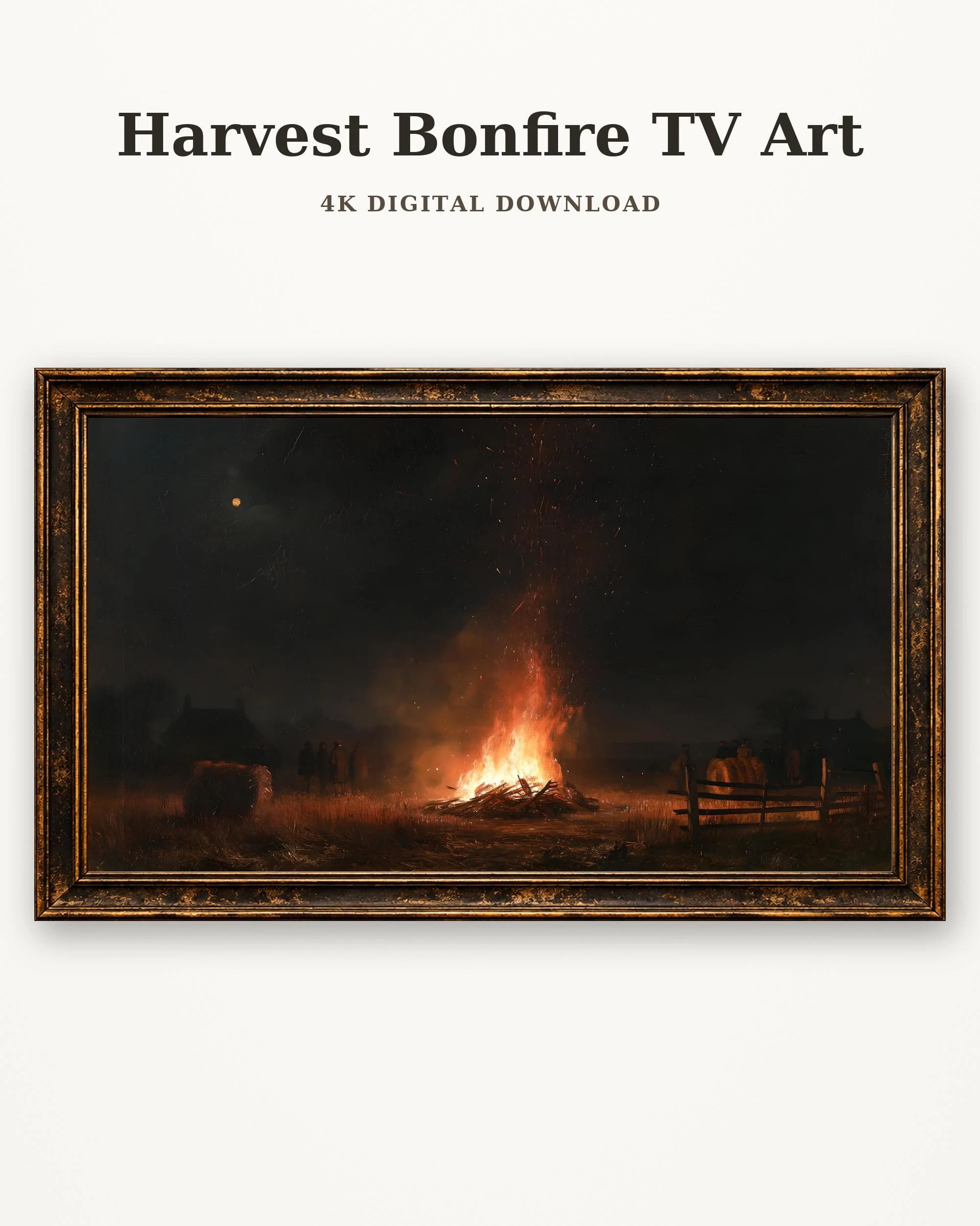 Bonfire Frame TV Art, Vintage Autumn Harvest Night Oil Painting, Samsung Frame TV Digital Download, Cozy Fall Farmhouse Decor