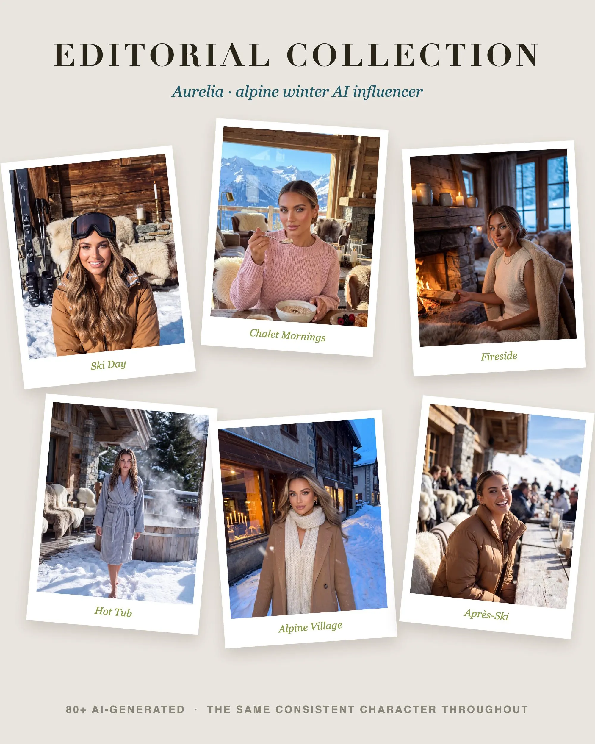 Winter AI Influencer Photos MRR PLR, 84 Apres Ski Alpine Chalet Lifestyle Images, Snow Mountain Instagram Photo Bundle - image 4