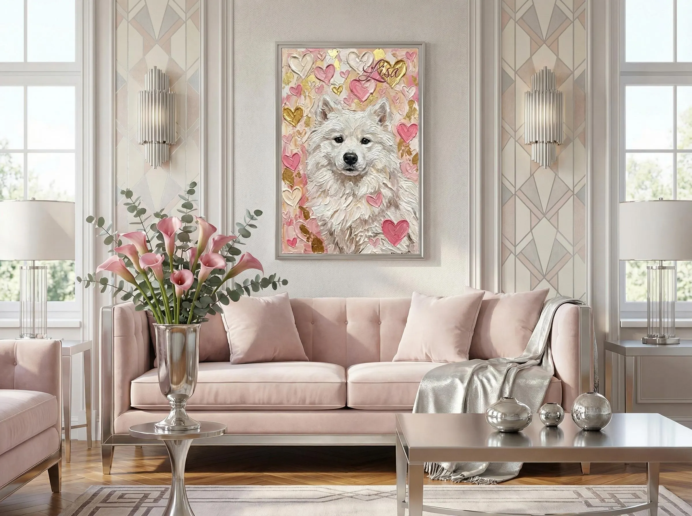 Custom dog portrait in maximalist love theme — your pet with custom name, pink coral hearts and metallic gold hearts scattered throughout background, watercolor textures and sparkle details. Personalized gift as painting from photo, cat themed gifts or dog lover gift with thick impasto oil painting texture and dopamine decor appeal.