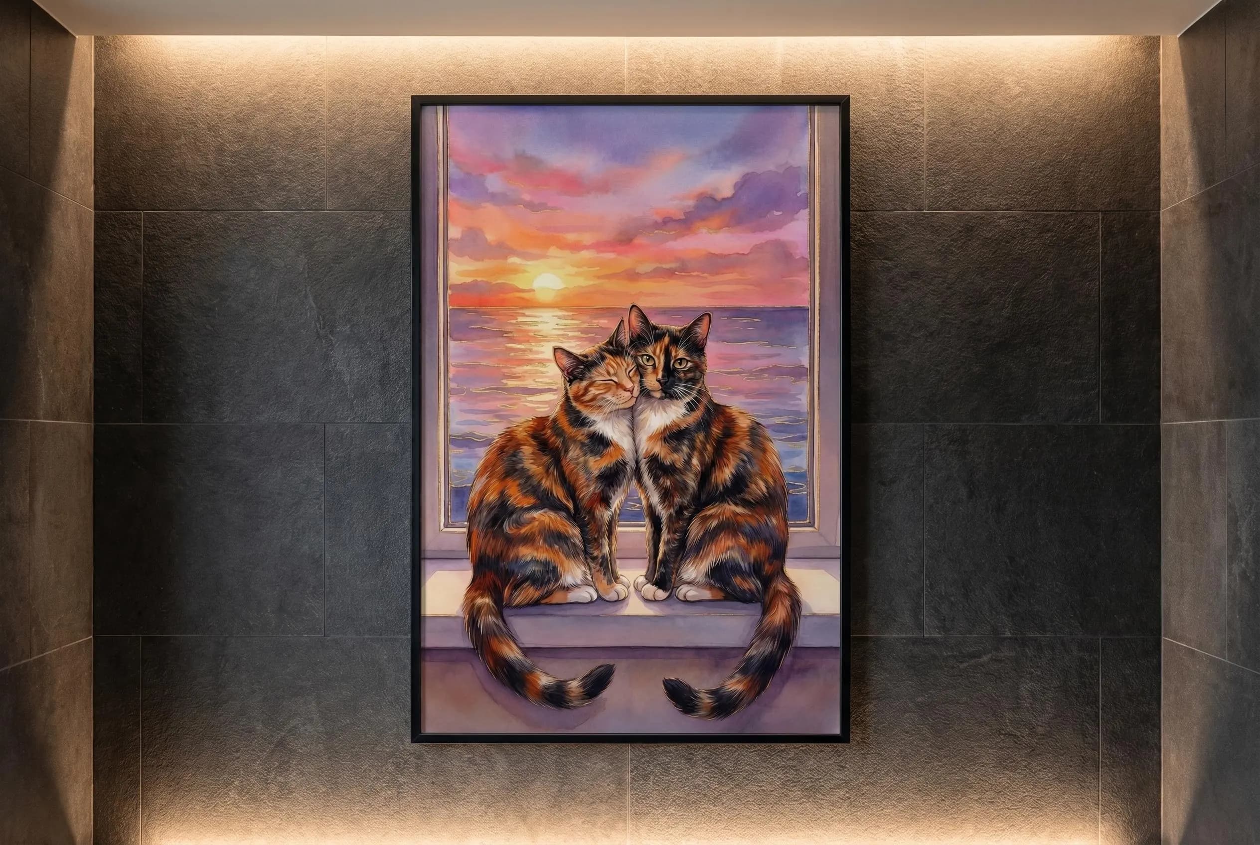 Tortoiseshell Cats Watercolor Print | Sunset Ocean View Wall Art (Digital Download)