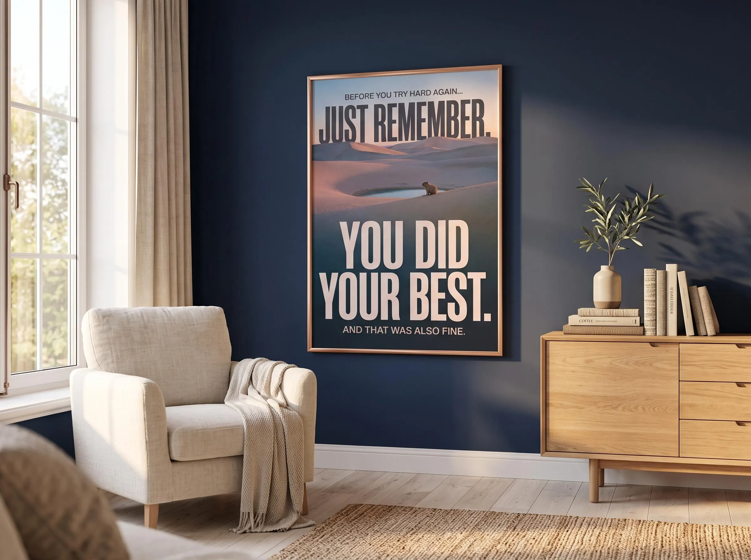 Funny desert art typography poster featuring a lone capybara beside a small oasis in rolling sand dunes at twilight. Large cream lettering delivers a philosophical punchline about "best" being enough. A landscape print with warm dune tones and a dusky slate-blue lower half.