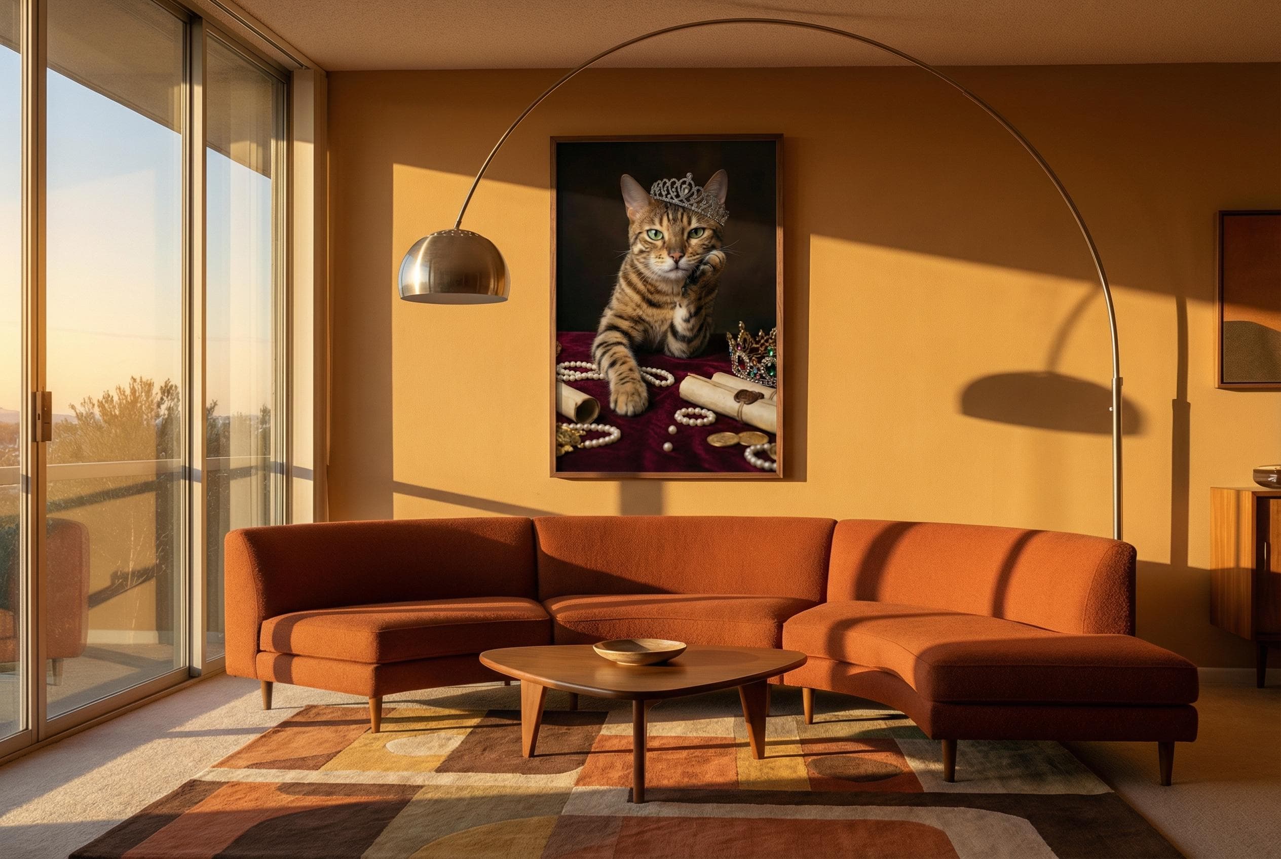 Custom royal cat portrait in wooden frame on warm terracotta orange wall in mid-century modern living room with rust sofa — Bengal cat wearing diamond crown with pearls coins and scrolls on burgundy velvet, personalized pet digital print