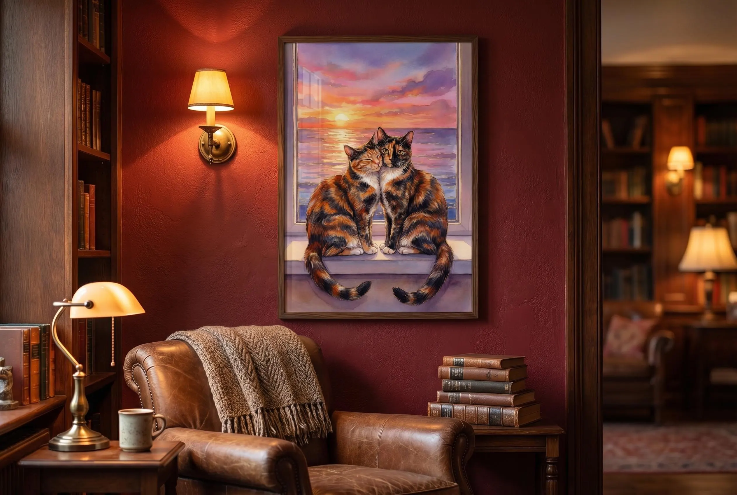Intimate watercolor illustration of two tortoiseshell cats sharing a windowsill, bodies pressed warmly together as they watch the sun set over the ocean. Their tails curl down symmetrically from the ledge. Tortie coats rendered in rich, painterly layers — burnt orange, chocolate brown, black, and white — with visible watercolor texture throughout. The sky behind them transitions from deep violet at the top to vivid orange and gold at the horizon, where a bright sun meets the blue reflective sea.