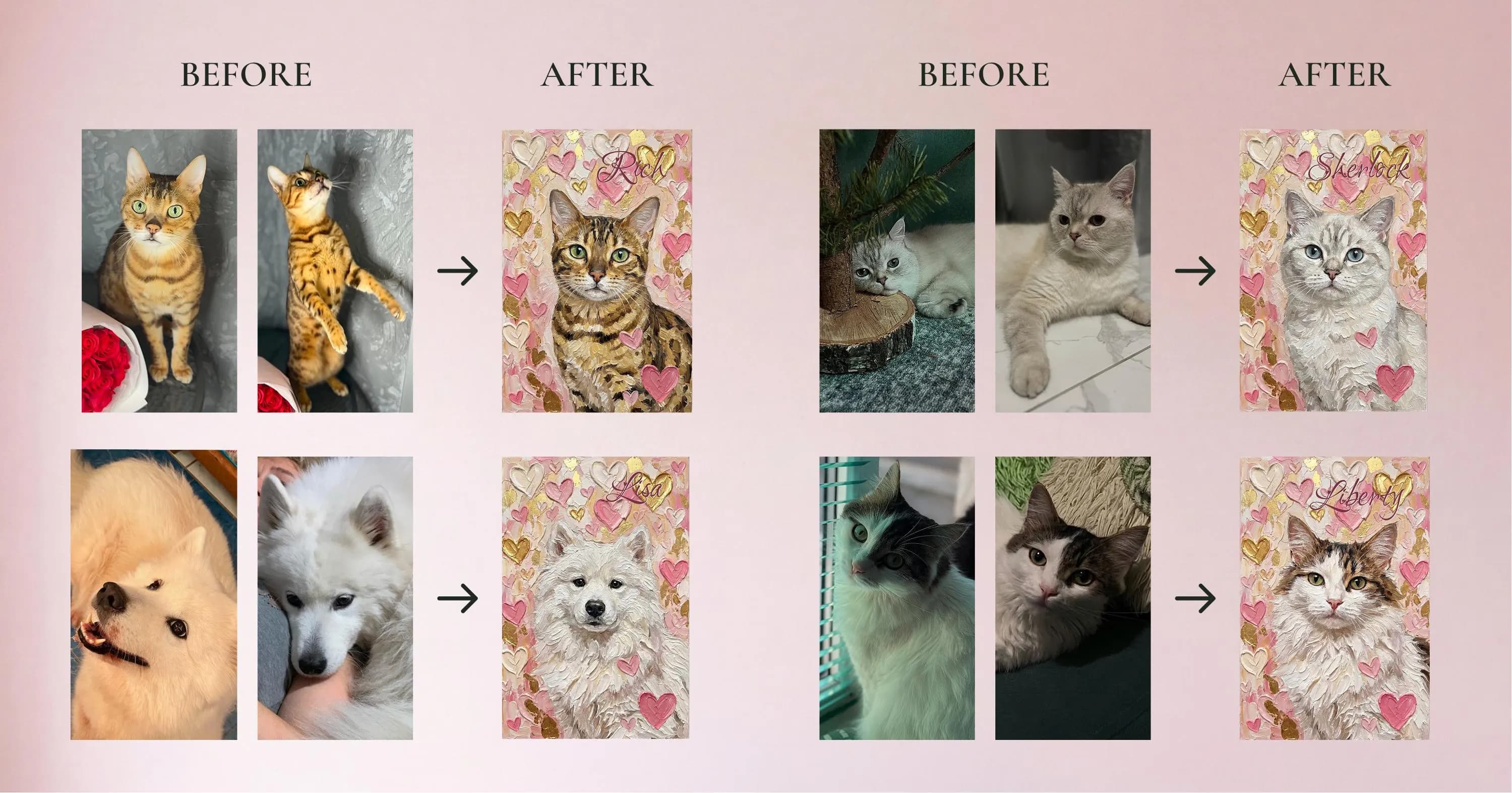 Before and after custom pet portrait transformation — left side shows original pet photos (cats and dogs in everyday poses), right side shows personalized impasto oil painting portraits with each pet's name, surrounded by pink coral and gold hearts in maximalist dopamine decor style. Cat lover gift and dog lover gift examples showing painting from photo process for coquette aesthetic love art and pet memorial gift.