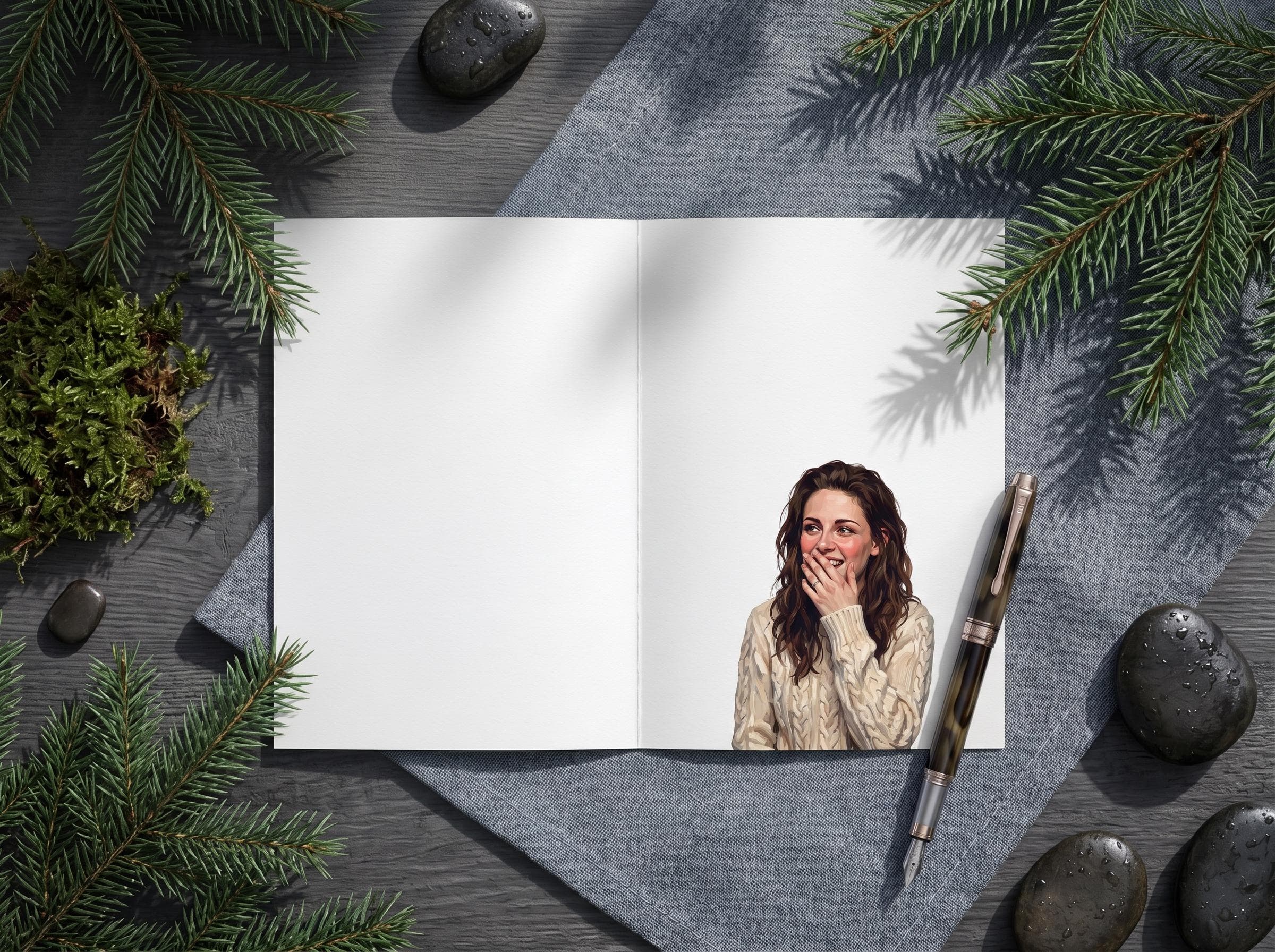 Inside of the Bella Swan birthday card: a blank white spread for your own message, with a small illustration of Bella in a cream cable-knit sweater, laughing behind her hand with rosy cheeks, as if she just heard the joke on the front. A comfort character touch and a Twilight gift for any fan.