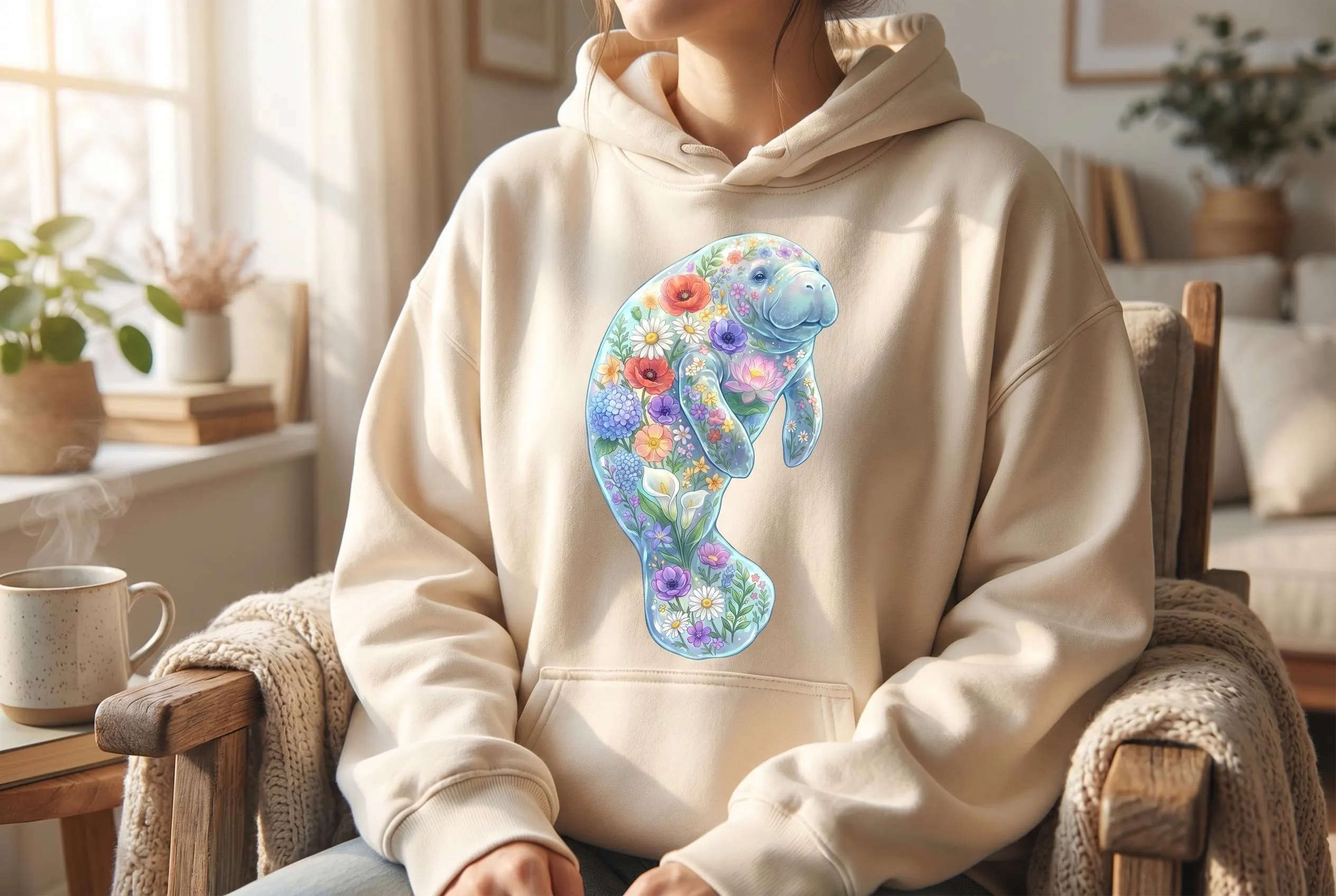 Pullover hoodie with manatee clipart PNG — translucent watercolor manatee with wildflower-filled body: red poppies, white daisies, blue hydrangeas, calla lilies and purple blooms printed on the chest. Bundle design placement example.