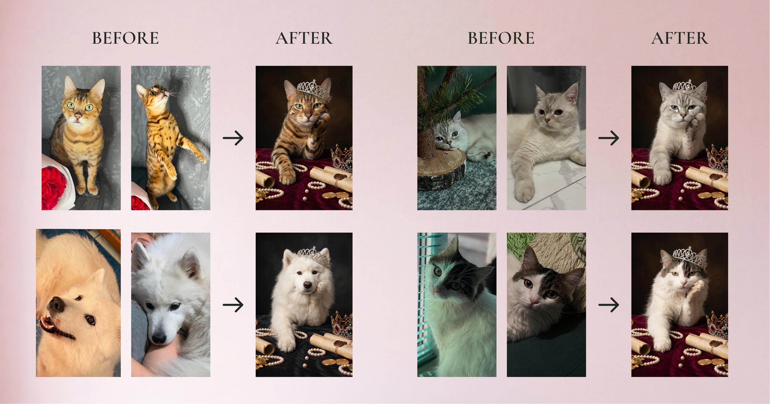 Before and after custom pet portrait transformation — left side shows original pet photos (cats and dogs in everyday poses), right side shows personalized royal pet portrait paintings with crystal diamond tiaras crowns, pearl necklaces, gold coins, luxurious deep burgundy velvet drapes on dark dramatic background. Cat lover gift and dog lover gift examples showing painting from photo process for royal cat portrait regal pet portrait king pet portrait funny pet portrait.