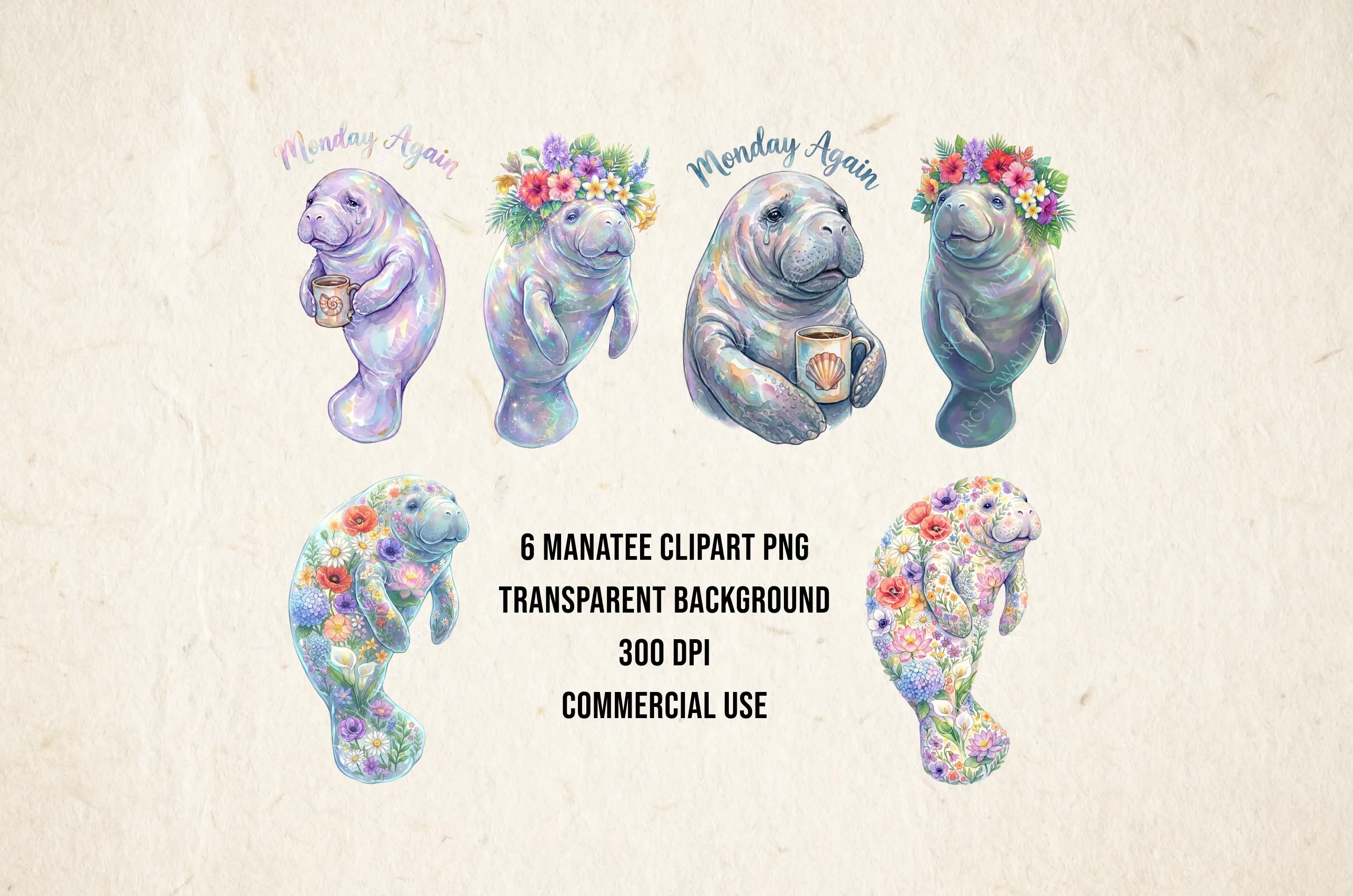 Manatee Clipart PNG Bundle | Watercolor Manatee Transparent Background | Shirt Design | Print on Demand