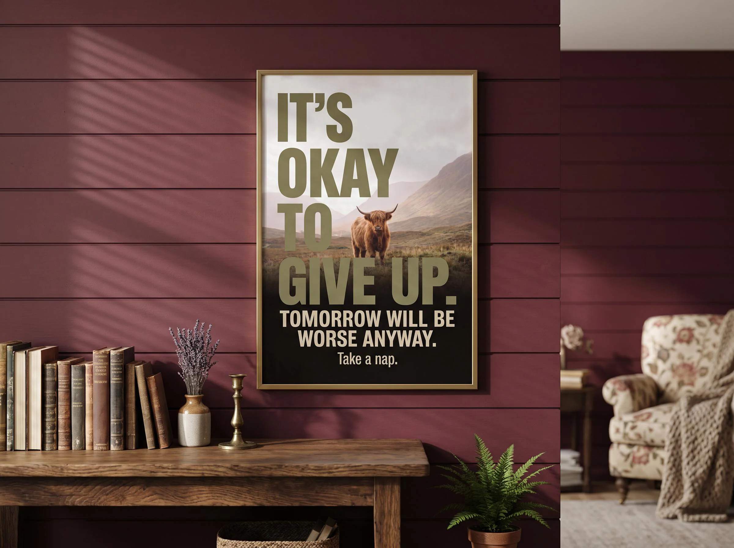 Sarcastic Motivation Wall Art Printable | Dark Humor Nihilist Quote Poster | Funny Nap Typography Print | Highland Cow Above Bed Decor