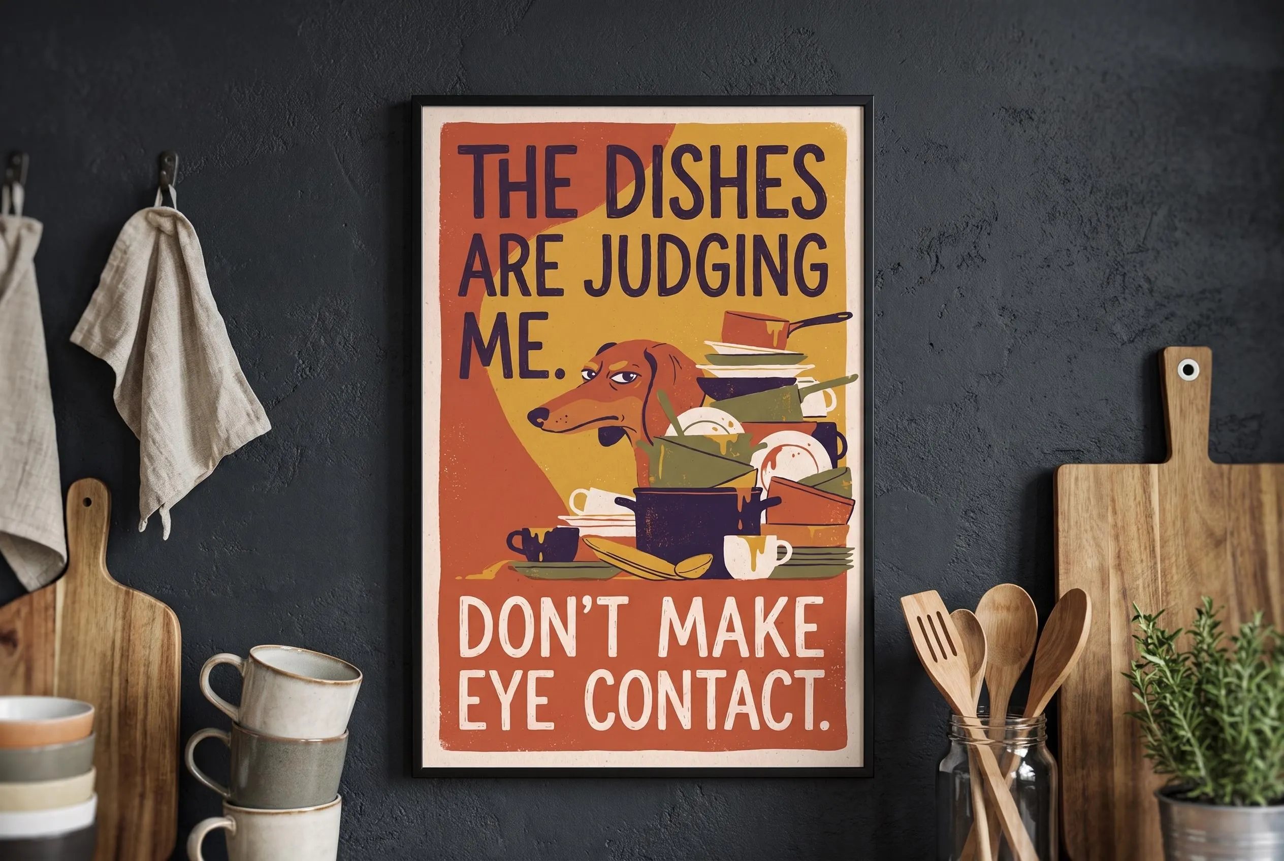 Funny Dachshund Kitchen Wall Art | Sausage Dog Print | Retro Humor Sign | Dishes Quote Poster | Dog Dad Mom Gift | Download