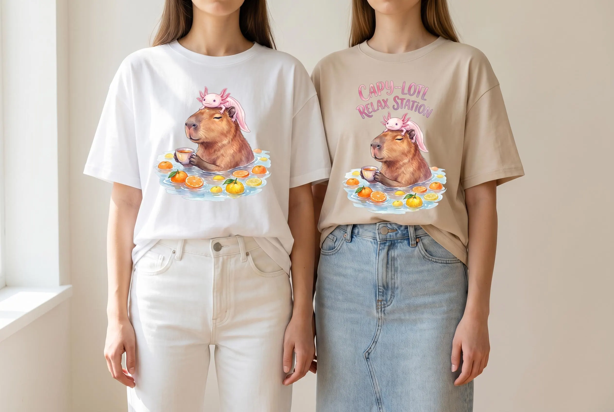Two t-shirts with Capybara Axolotl PNG — women wearing white and lavender oversized tees from the front, each printed with a watercolor capybara in a citrus bath holding a tea cup with a pink axolotl resting on its head, one version with "Capy-Lotl Relax Station" arch text, one without. Print-on-demand capybara shirt meme shirt placement example.