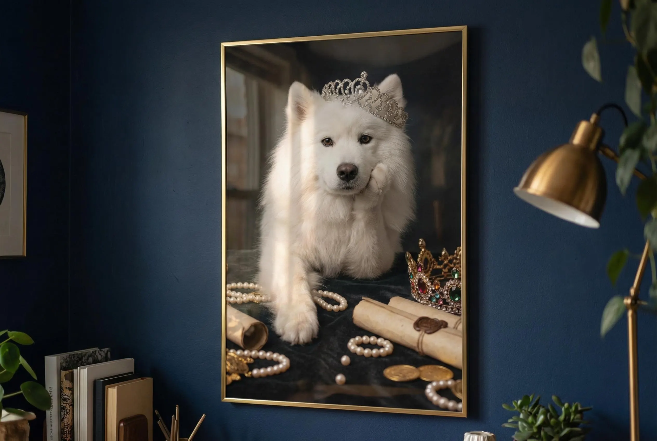 Custom royal dog portrait in gold frame on deep navy blue wall in dark moody home office with brass lamp — fluffy white Samoyed dog wearing crystal tiara with jeweled crown pearls and royal scrolls on dark velvet, personalized pet wall art digital download