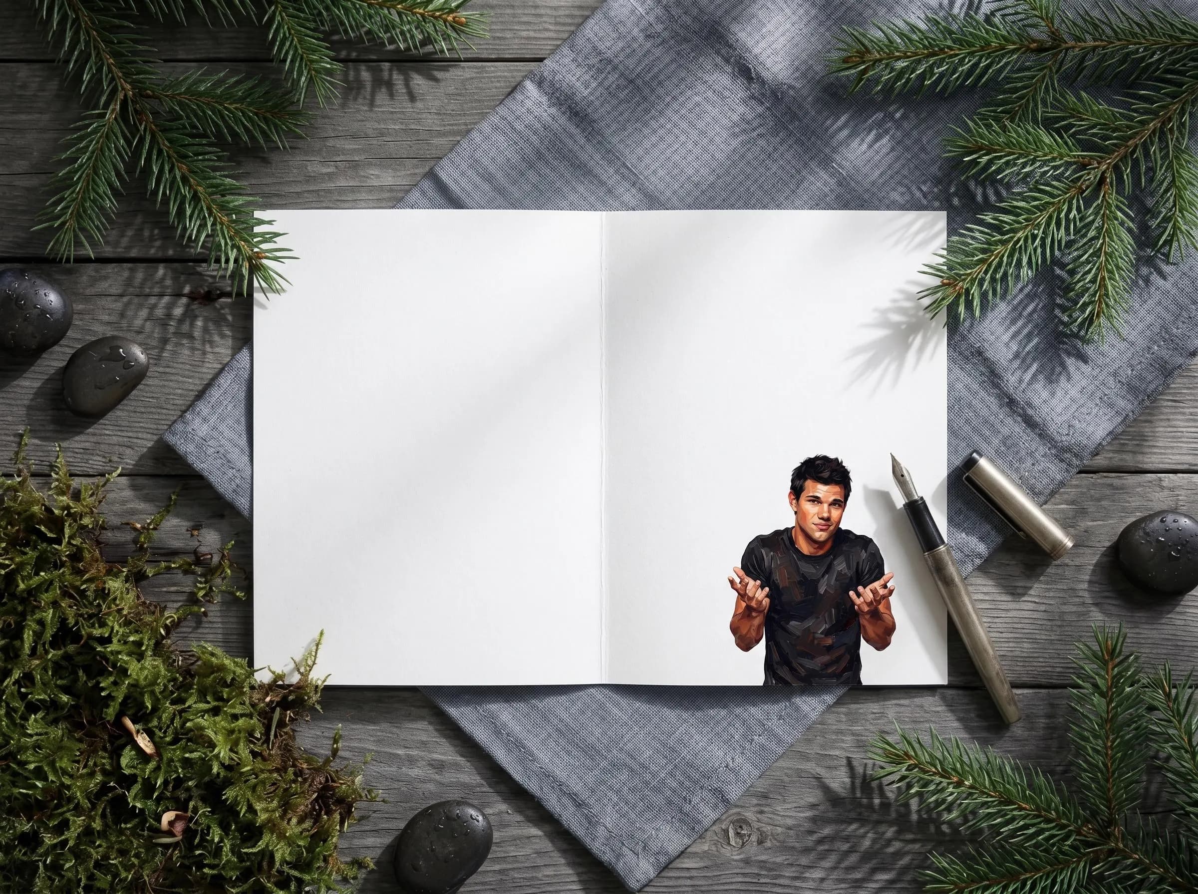 Inside of the Jacob Black birthday card: a blank white spread for your own message, with a small illustration of Jacob in a black t-shirt giving a big open-handed shrug with a lopsided smile, as if to say he tried his best with the gift. A comfort character touch and a Twilight gift for any fan.