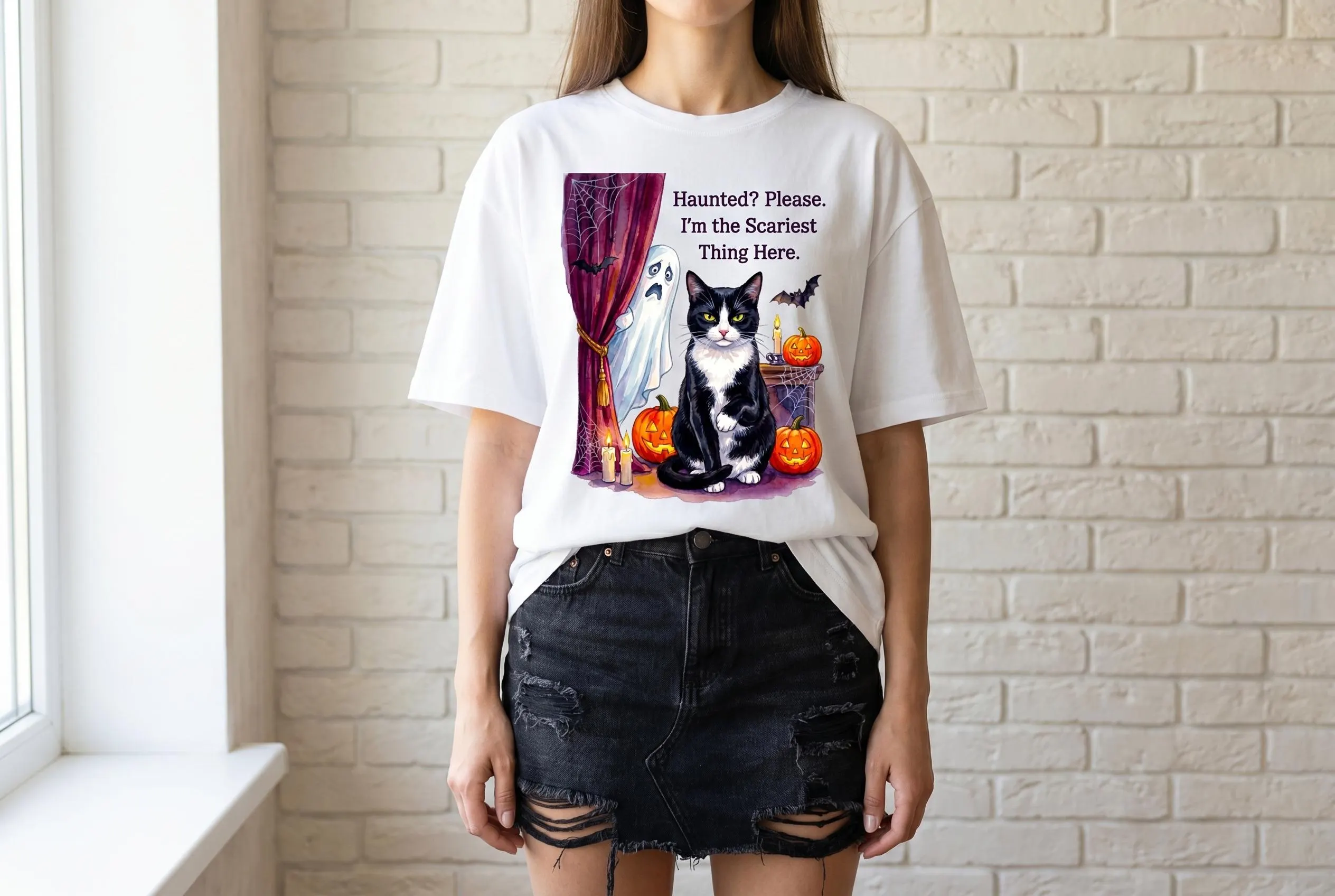 Funny Ghost Cat Meme Halloween Shirt | Tuxedo Cat PNG | Trending Shirt | Pumpkin Clipart