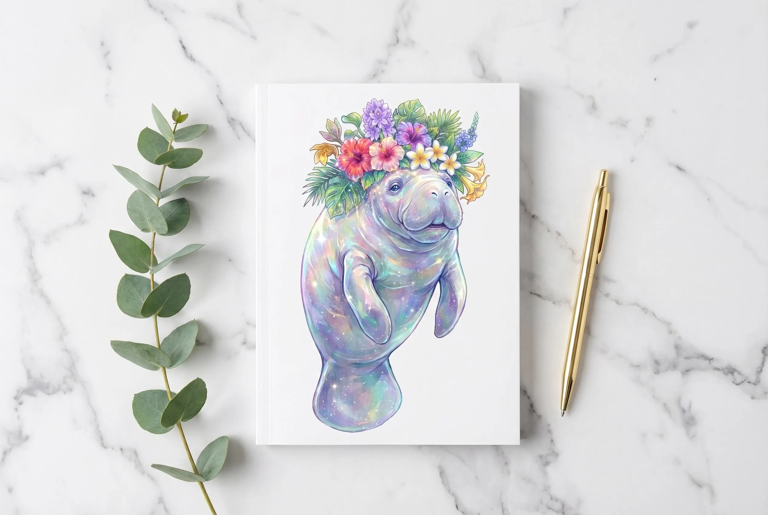 Notebook with manatee clipart PNG — iridescent pearlescent manatee with large tropical flower crown: red and orange hibiscus, white plumeria with yellow centres, purple blooms and large monstera and palm leaves. Bundle design placement example.