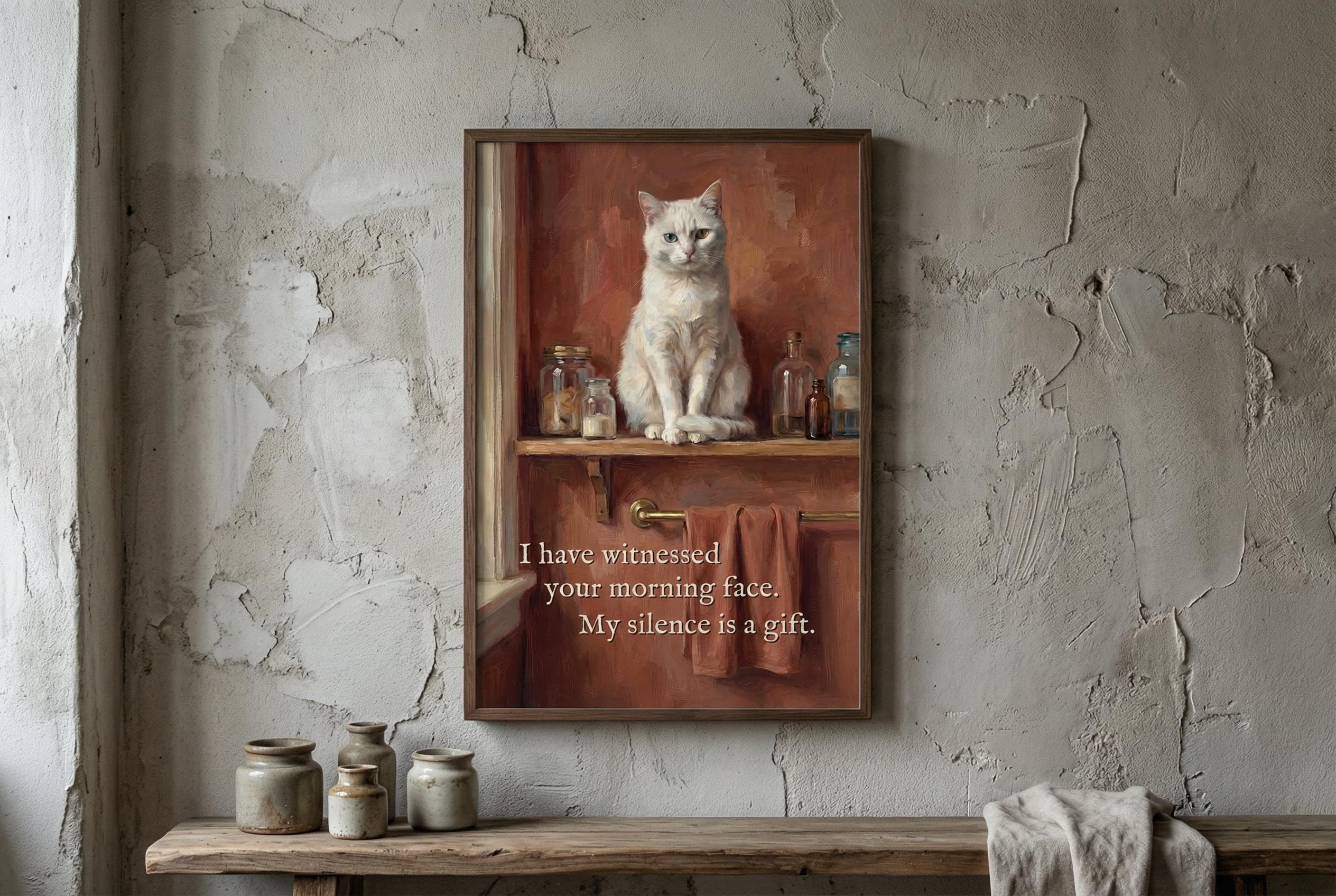 White Cat Bathroom Art | Oil Painting Print, Sarcastic Quote (Digital Download)