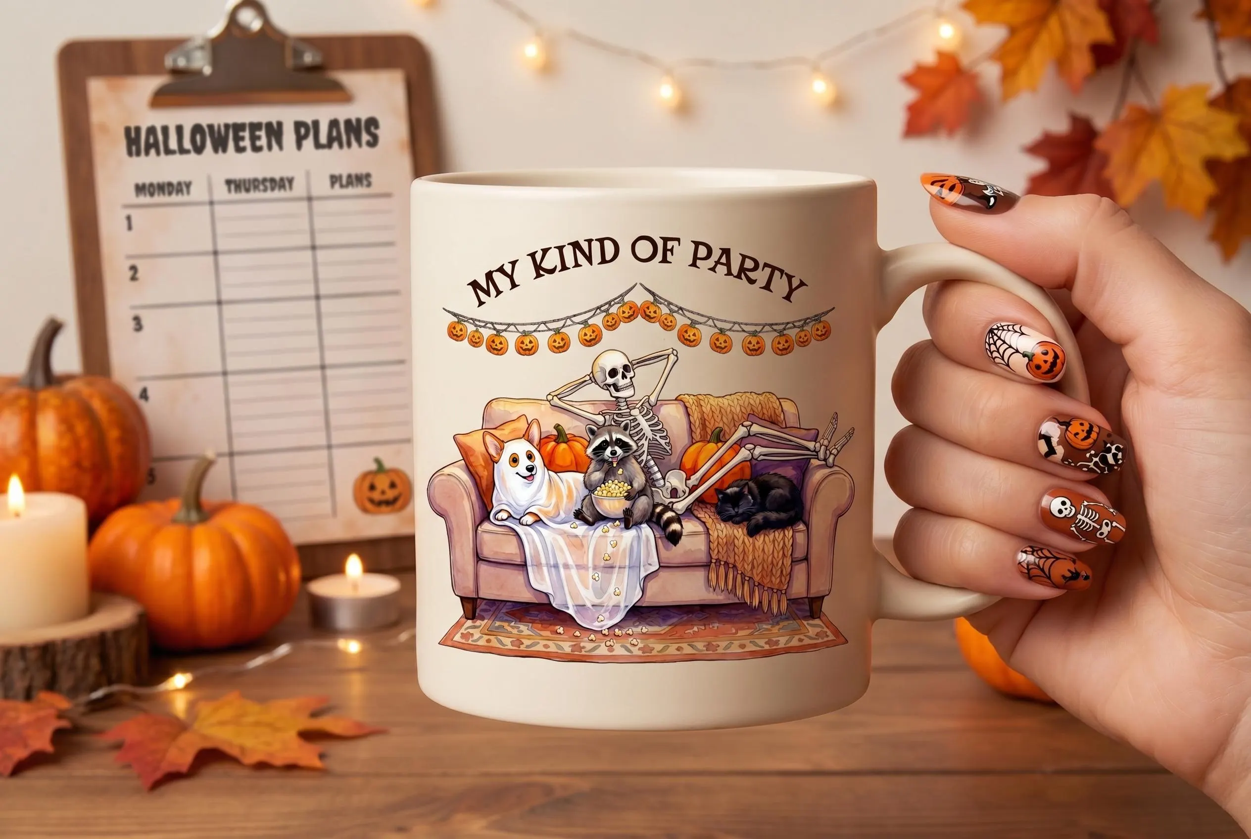 Ghost Halloween mug — skeleton on couch with corgi, raccoon eating popcorn, black cat sleeping, pumpkin, pillows, blankets, jack-o-lantern garland, "MY KIND OF PARTY" text. Skeleton Halloween introvert shirt PNG.